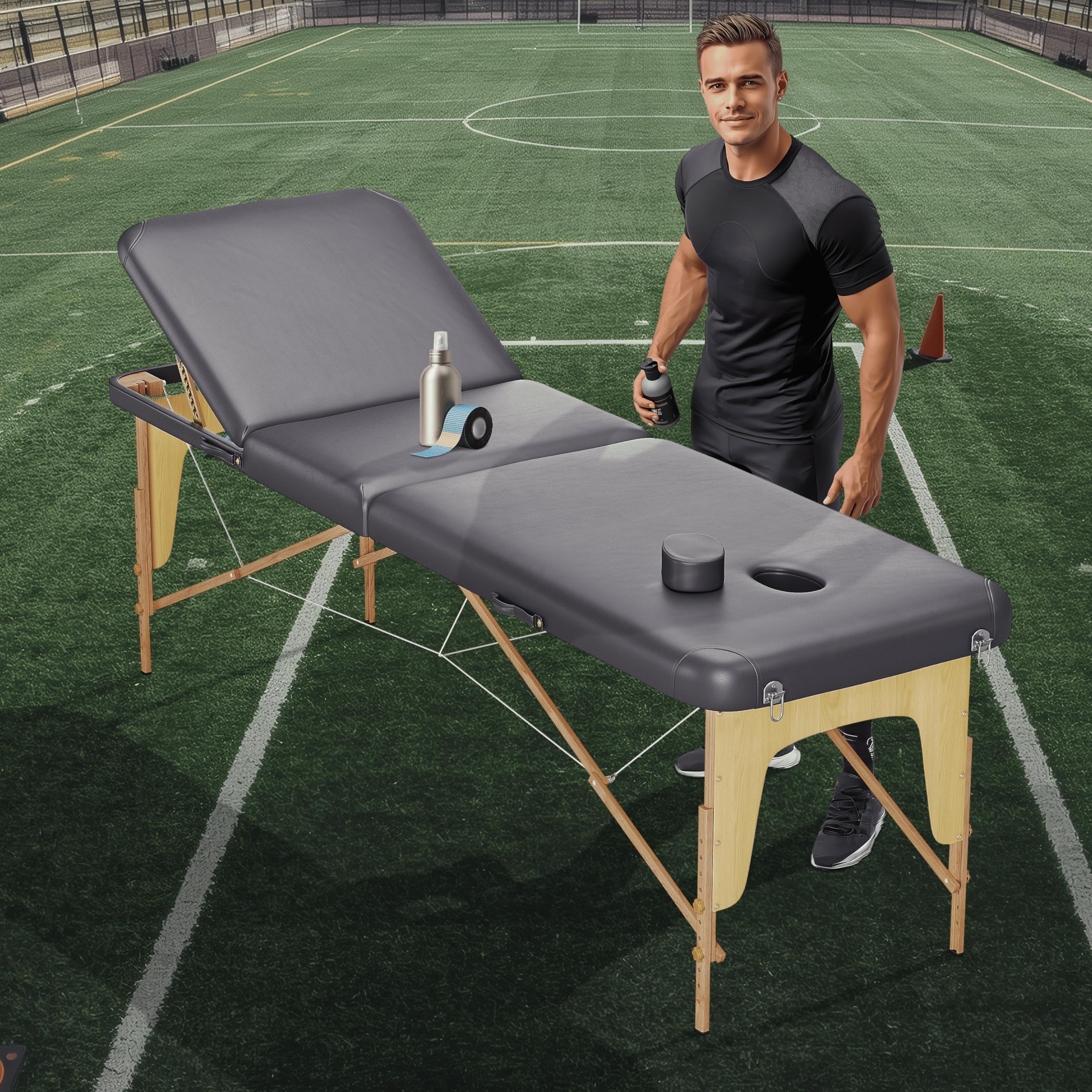 BELTOM® Table de Massage Basic 3 Zones Portables 185 x 60 cm. pour physiothérapie - Leger ne pèse Que 14,3 kg. - Cosmetique lit esthétique Pliante avec Panneau Reiki - Noir