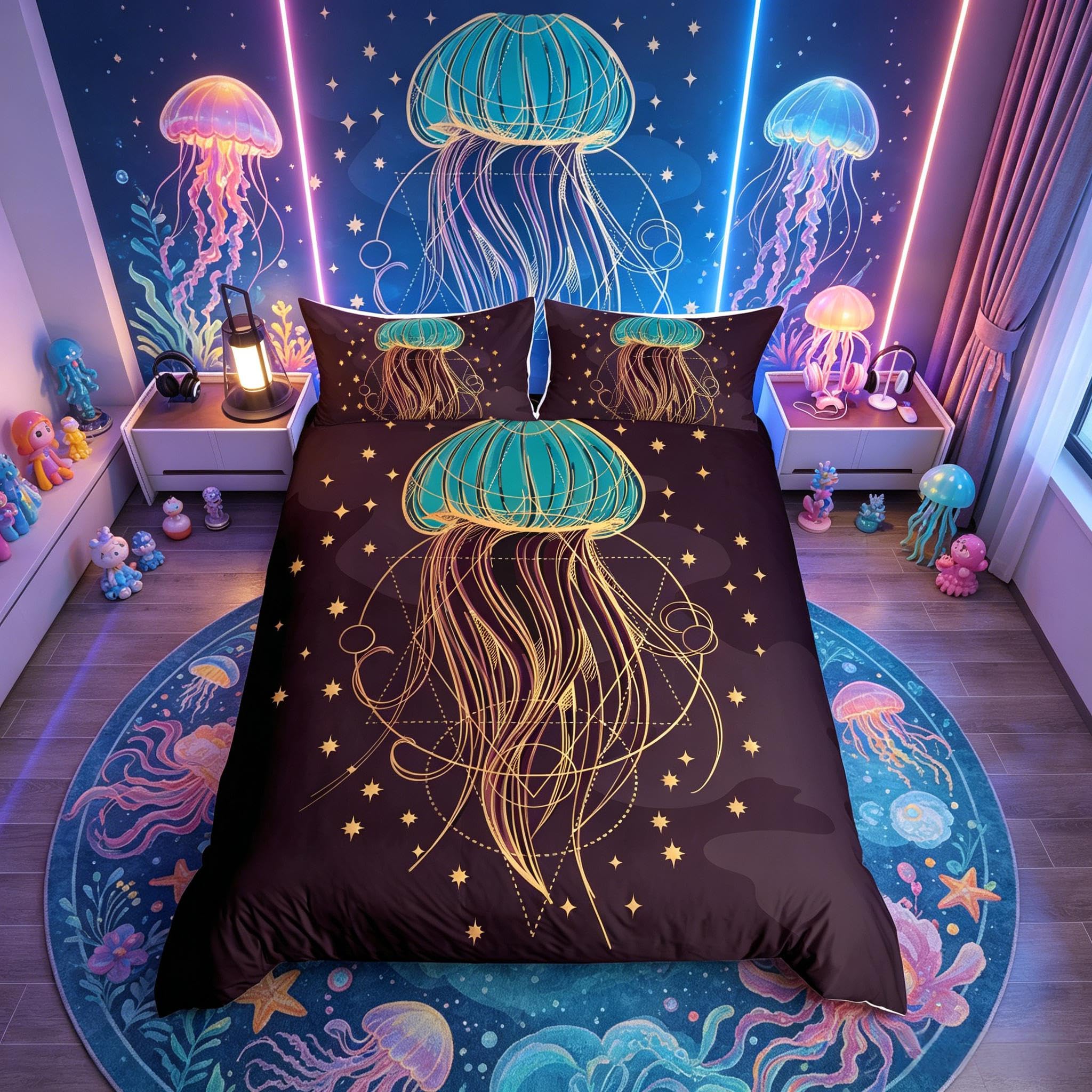 Homemissing Girls Multicoloured 6 Geometric Stripe Bedding Set For Boys Jellyfish Comforter Coverative Ocean Creature Marine Life Sealife Duvet Cover Aquatic Animal Purple Bedding & Linen Double
