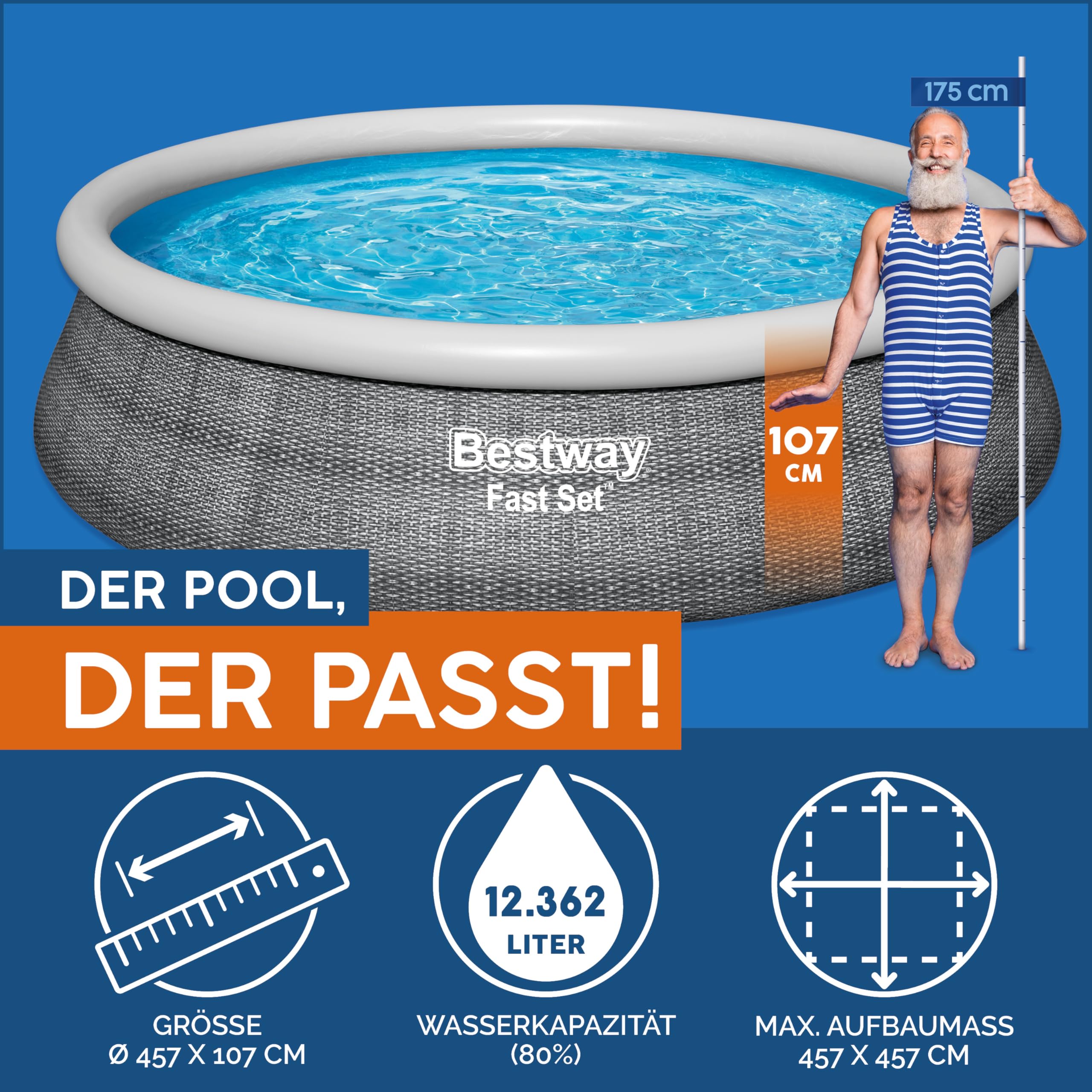 Bestway Fast Set Pool, 457 x 107 cm, Komplett-Set mit Filterpumpe, rund, graue Rattan-Optik