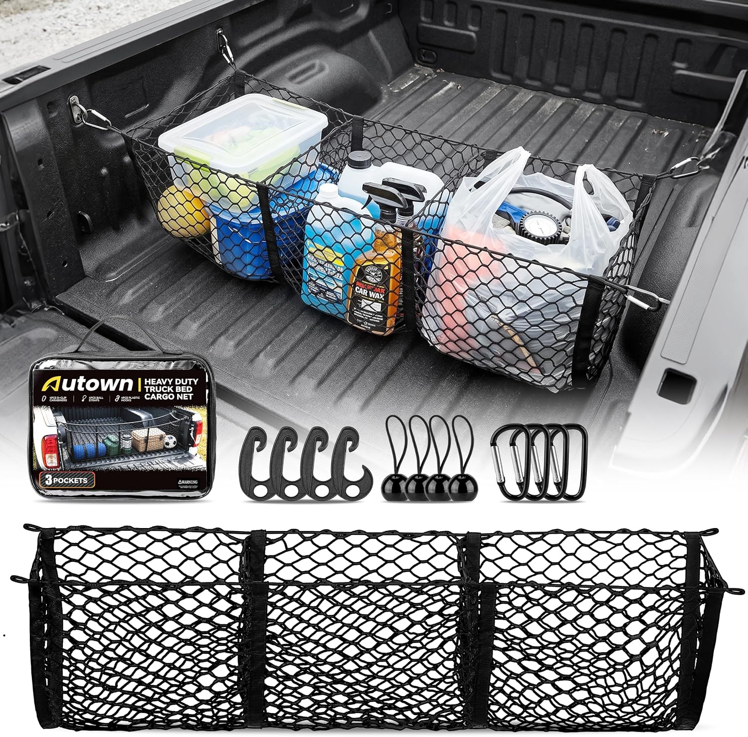 AUTOWN Truck Bed Cargo Net with 3 Pockets, Adjustable Bungee Cords