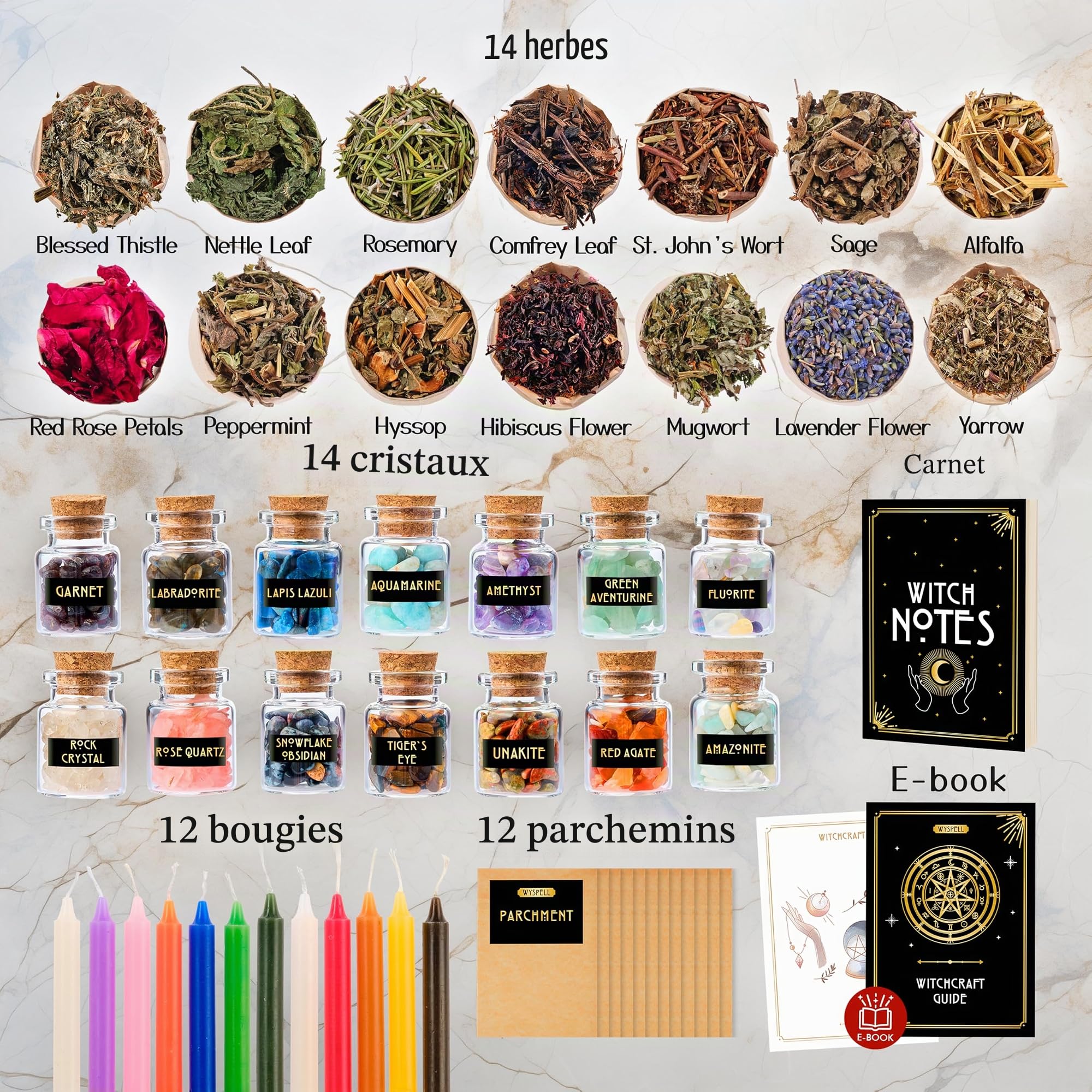 Kit de fournitures de sorcellerie pour sorcière - Bougies de sort - Pots à enchantements en cristaux - Herbes pour sort