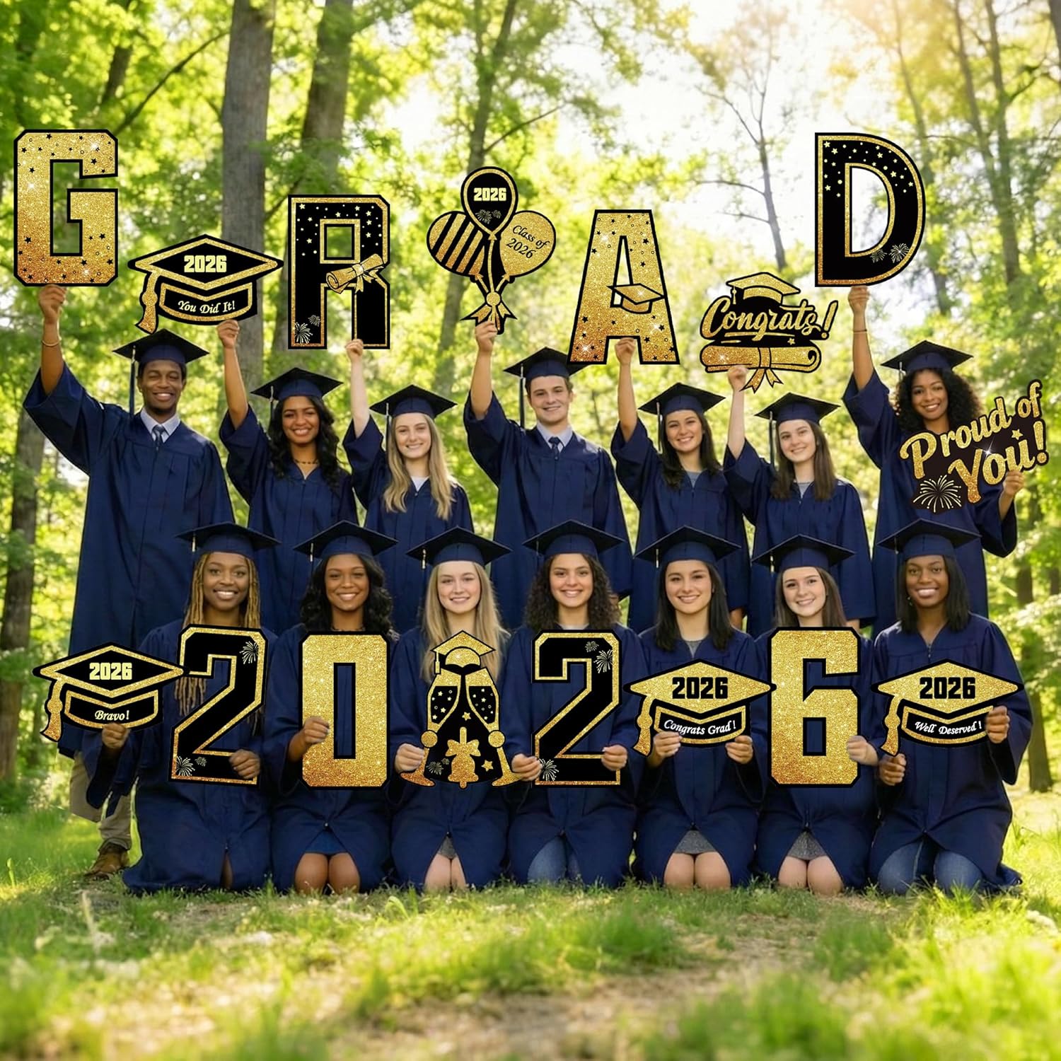 16 Pcs Graduation Yard Signs Class of 2026, 16.1" Large Black Gold Graduation Yard Sign with Stakes, Congrats Grad Sign for Graduation Party Decorations 2026, Outdoor Grad Decor for College High School