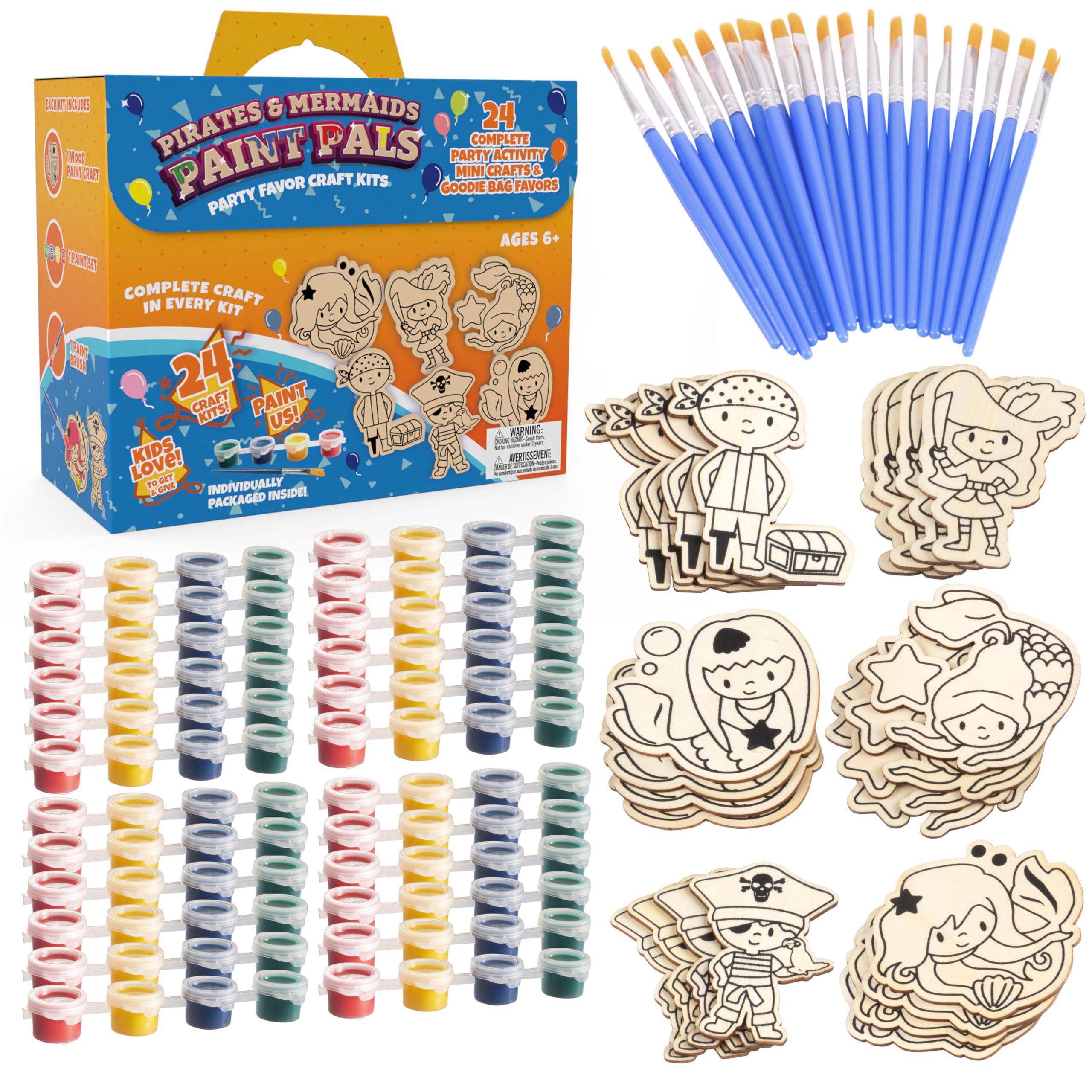 Kids Wood Painting Party Craft Kit 20 Pack – Each DIY Set Includes Mermaids &amp; Pirates Wooden Design, Paint &amp; Brushes – Summer Camp Activities, Birthday Party Favors, Classroom Crafts, Goodie Bags