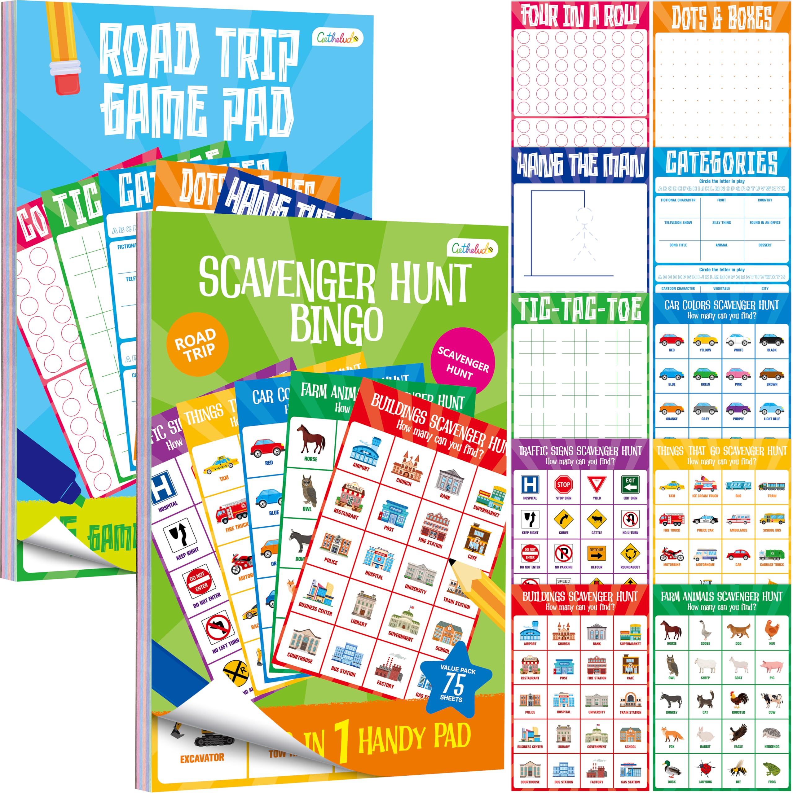 2 Pack Road Trip Game Pads, 10 Games (Categories, Dot & Boxes, Tic-tac-toe, Scavenger Hunt Bingo), Pen Pencil Paper Game, Plane Trip/Car Travel/Getaway Activity Pad for Kid, Adult