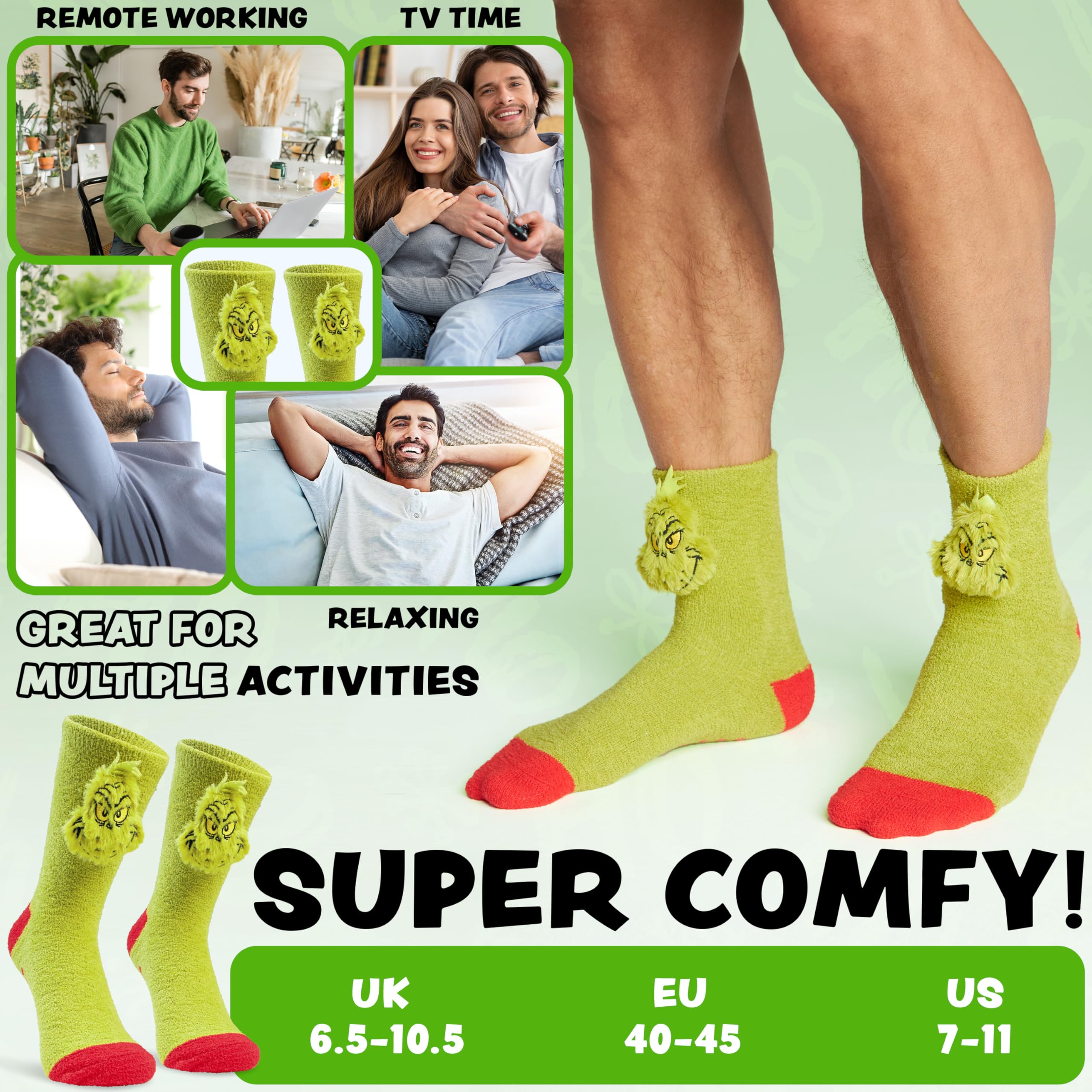 The Grinch Calcetines Antideslizantes Suaves para Hombre Talla 40–45, Antideslizantes Peluche Invierno, Regalos Hombres