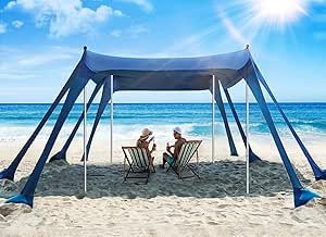Beach Tent Sun Shade with UPF50+ UV Protection, 10x10ft, Includes Sandbags, Shovel, Ground Pegs & Stability Poles