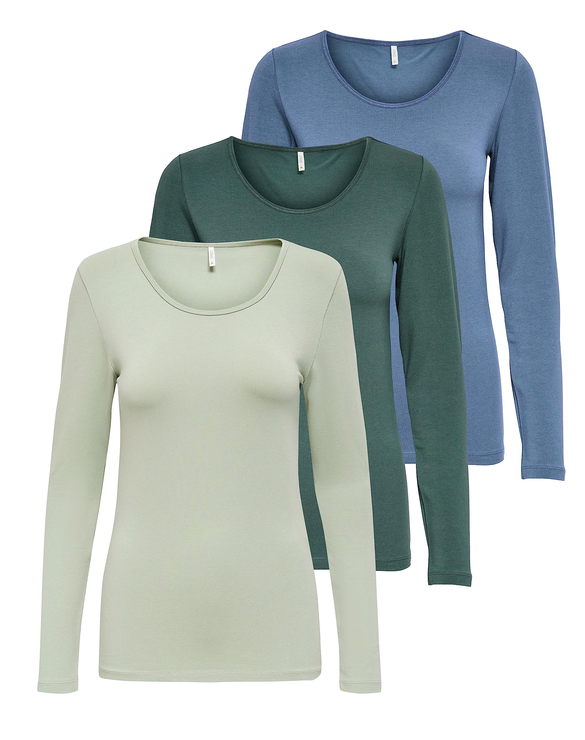 ONLY Damen Onllive Love Life LS Oneck Top, 3er Pack, Desert Sage/Balsam Green/China Blue, 3XL
