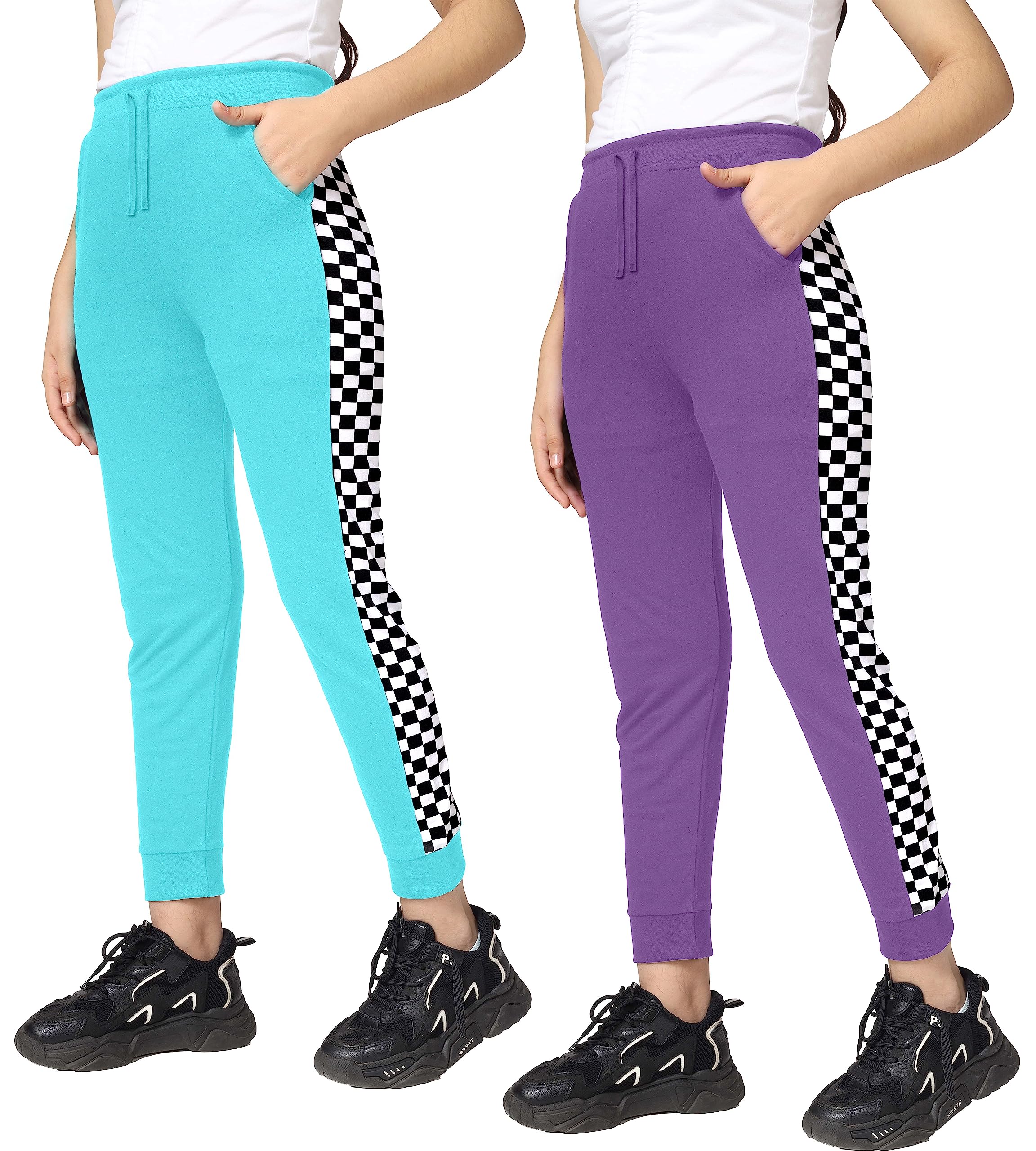 KYDA Kids® Trainingshose für Mädchen, 100 % Baumwolle, Schachdruck, elastischer Bund, normale Passform, weich, atmungsaktiv, Kinder-Freizeitkleidung mit Seitentaschen, mehrfarbig, 2 Stück