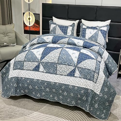 Miniatura 3 de Juego de edredón de retazos de tamaño matrimonial y queen, juego de colcha reversible reversible con estampado floral gris, juego de ropa de cama de