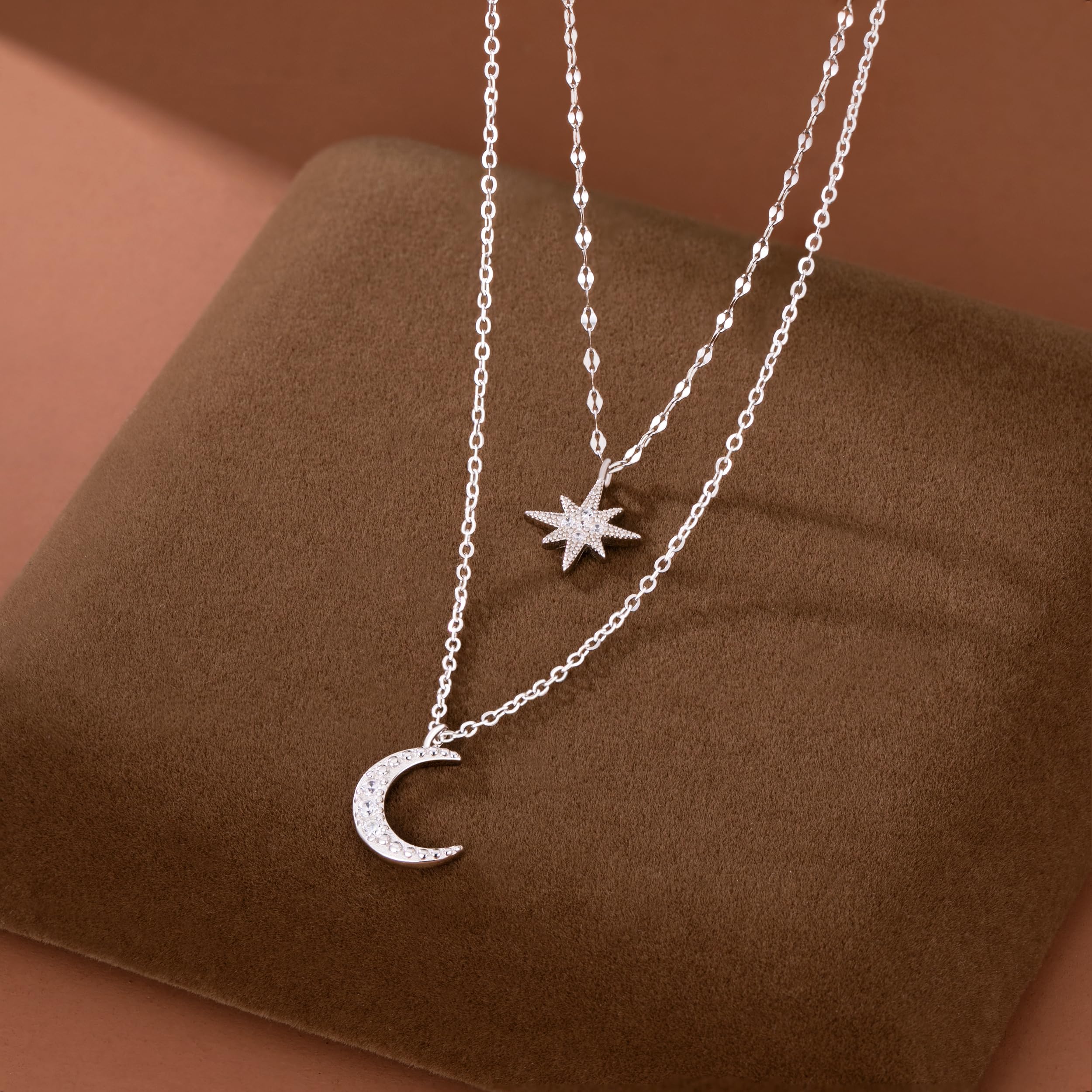 SLUYNZ 925 Plata Esterlina Collar en Capas Cadena Luna Estelar Choker Collar para Mujeres Chicas Adolescentes Gargantilla Cadena Capas (A-Silver)