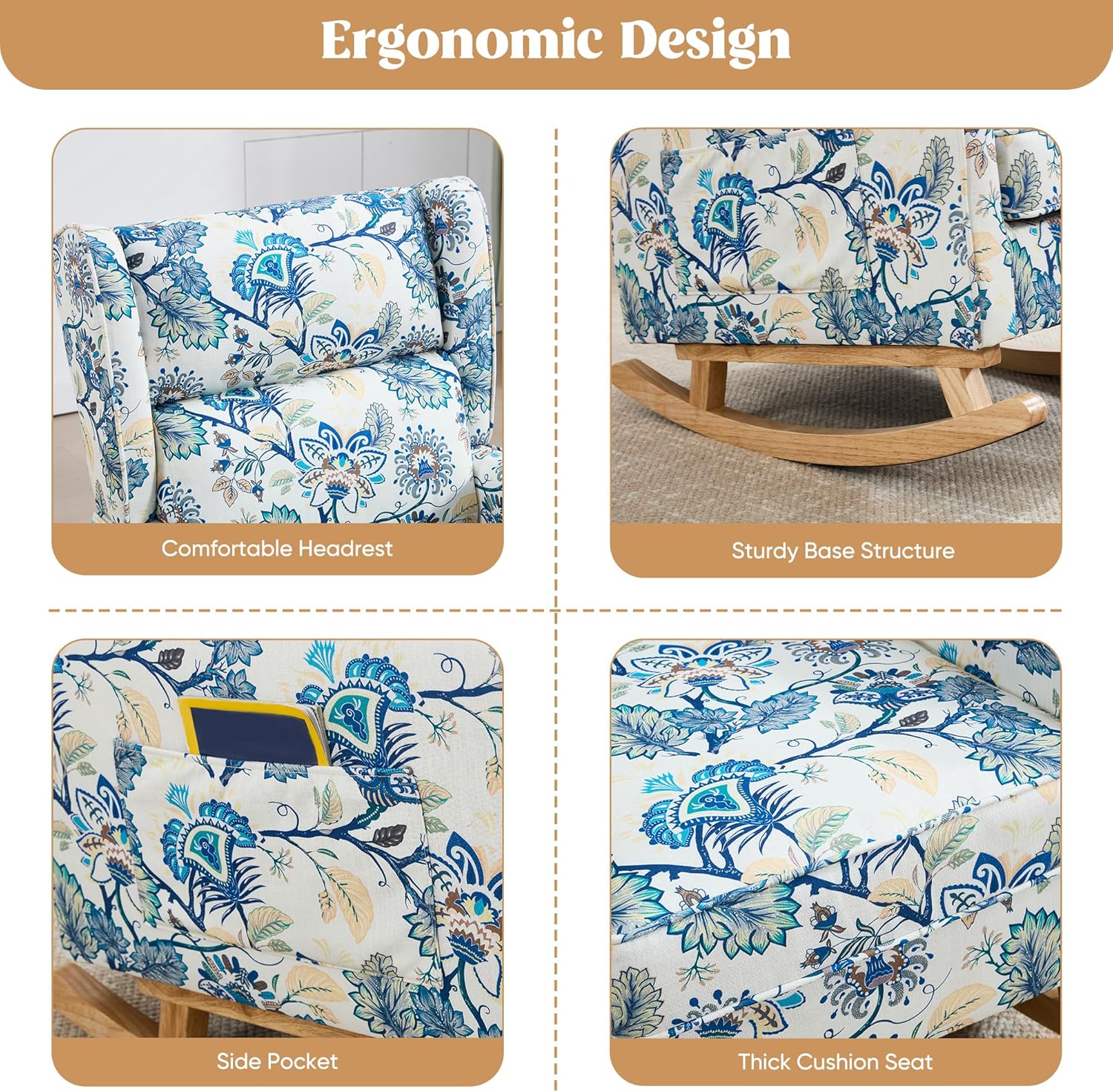 Nursery Rocking Chairs, Rocking Chair Nursery for Mom Nursery Rocker with High Backrest and Solid Wood Legs, Modern Wingback Accent Chair for Reading Living Room Bedroom, Blue Floral
