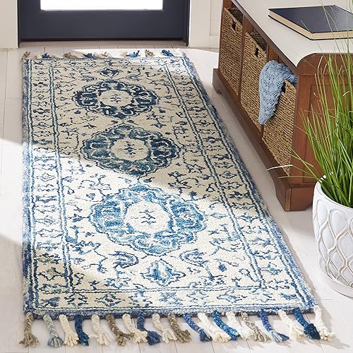 Safavieh Aspen Collection APN125A - Alfombra de pasillo de lana trenzada bohemia hecha a mano 3 x 11 pies color marfilazul