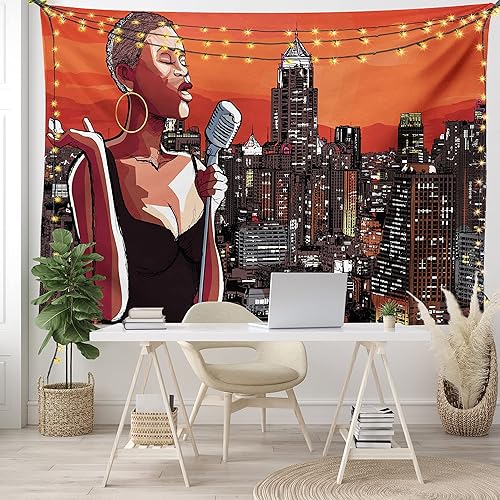 Ambesonne Tapiz africano, cantante de jazz en el techo de Nueva York, paisaje urbano, música urbana, ilustración de ciudad popular, colgante de