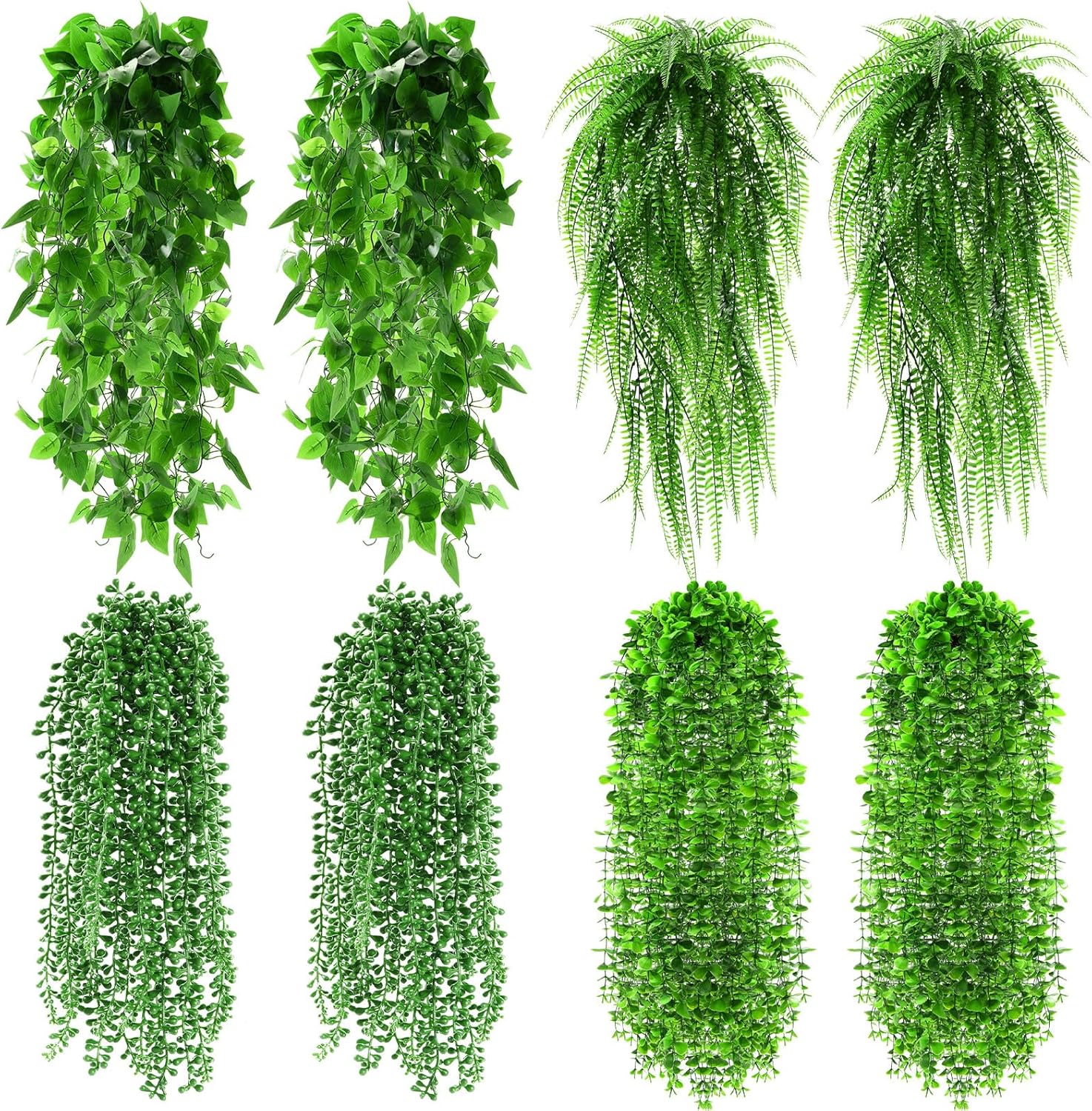 8 Pcs Artificial Hanging Plants Fake Hanging Ferns Plastic Faux Plants for Wall Room Garden Garland Indoor Outdoor Decor No Basket (Boston,Eucalyptus,Ivy Vine,String of Pearls)