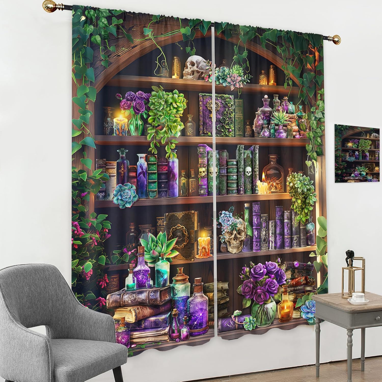 Gothic Skull Curtains for Bedroom 42Wx63H Inch Rod Pocket Vintage Witchy Spooky Retro Wizard Magic Bookshelf Black Mysterious Succulent Plant 2 Panel Window Treatment Set for Living Room Decor