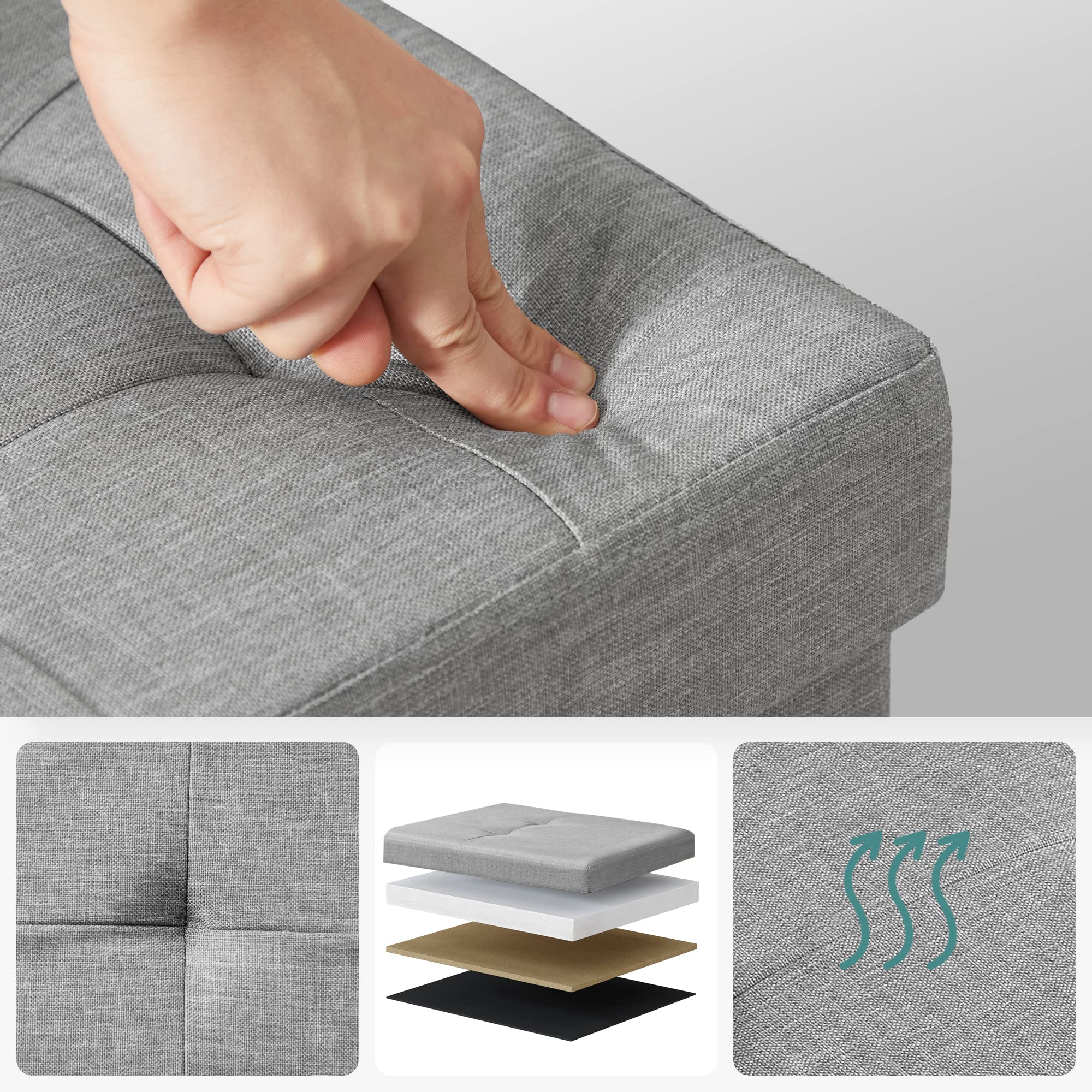 SONGMICS Mazie Collection - Banc de Rangement, Repose-Pieds Pliable de 110 cm, Bout de Lit, Montage Facile, pour Salon, Chambre, Entrée, Gris Clair LSF77G