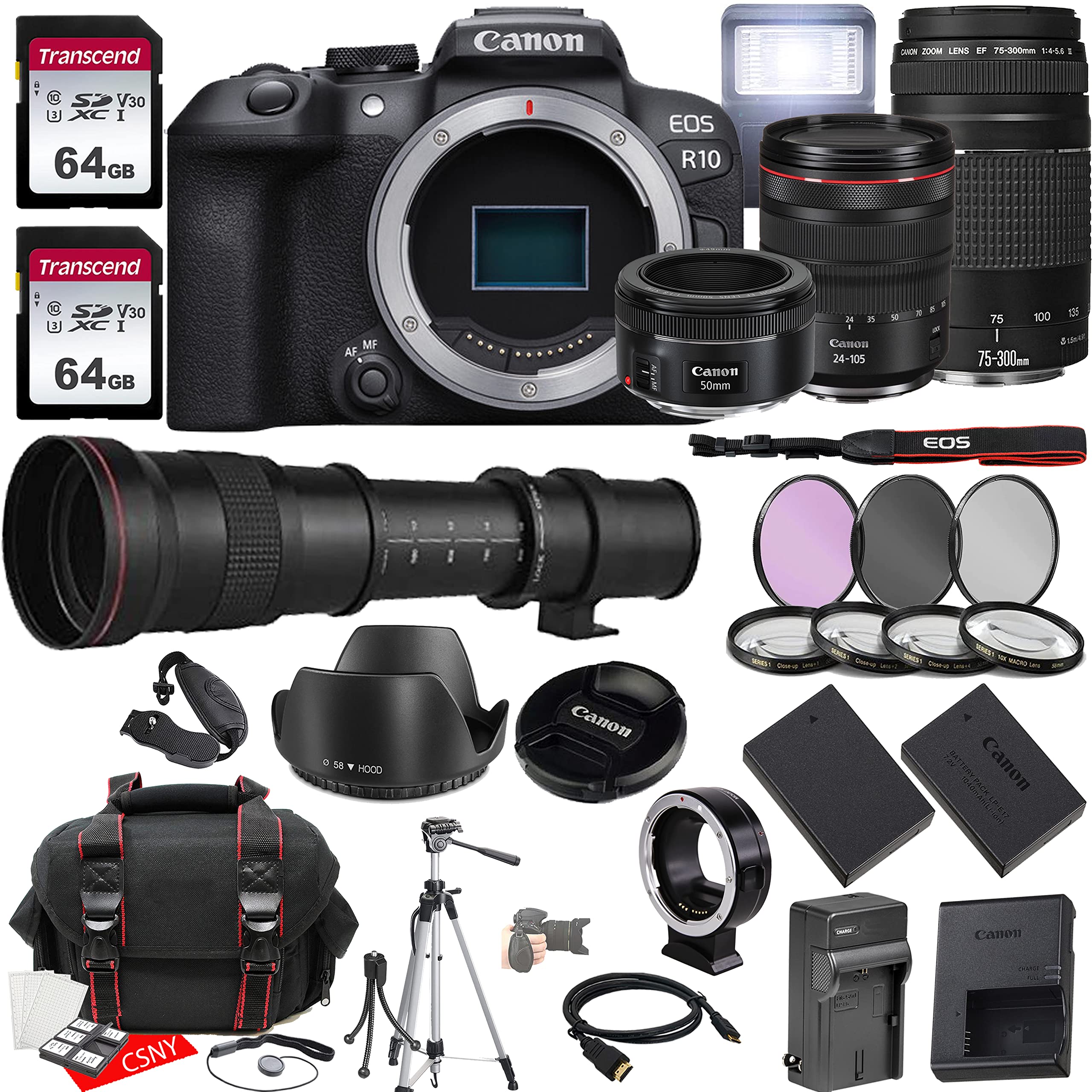 Canon EOS R10 Mirrorless Camera w/RF 24-105mm f/4 L is USM + EF 75-300mm f/4-5.6 III + EF 50mm f/1.8 STM + 420-800mm f/8.3 HD Lenses, 2X 64GB Memory, Hood, Case, Filters, Tripod & More (35pc Bundle)