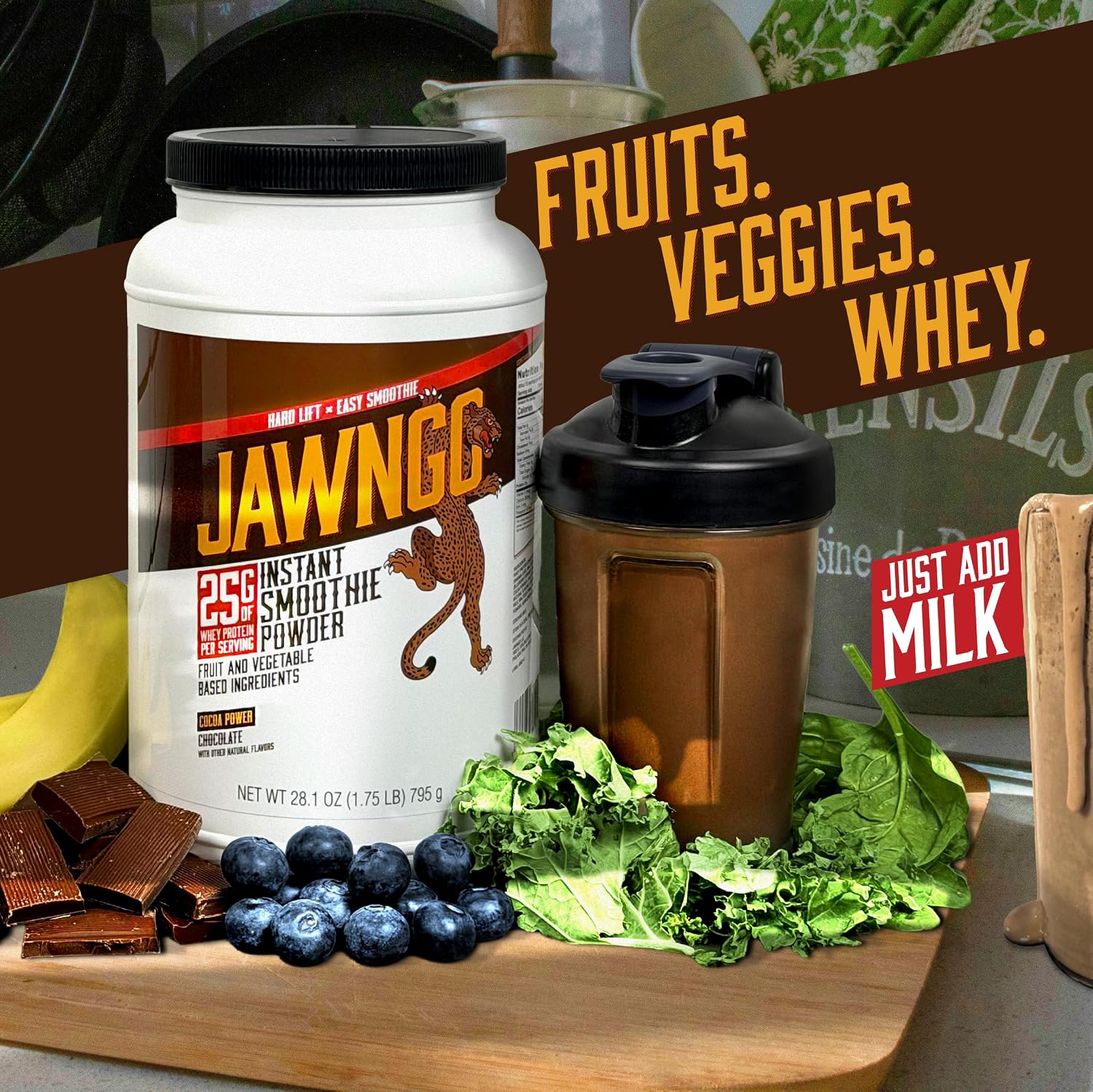 Chocolate Protein Smoothie Powder - 25G Whey Protein + Real Fruits & Vegetables - Blueberry, Banana, Spinach, Kale, Turmeric, Coconut Milk - Smooth Texture, Great Taste - 15 Servings
