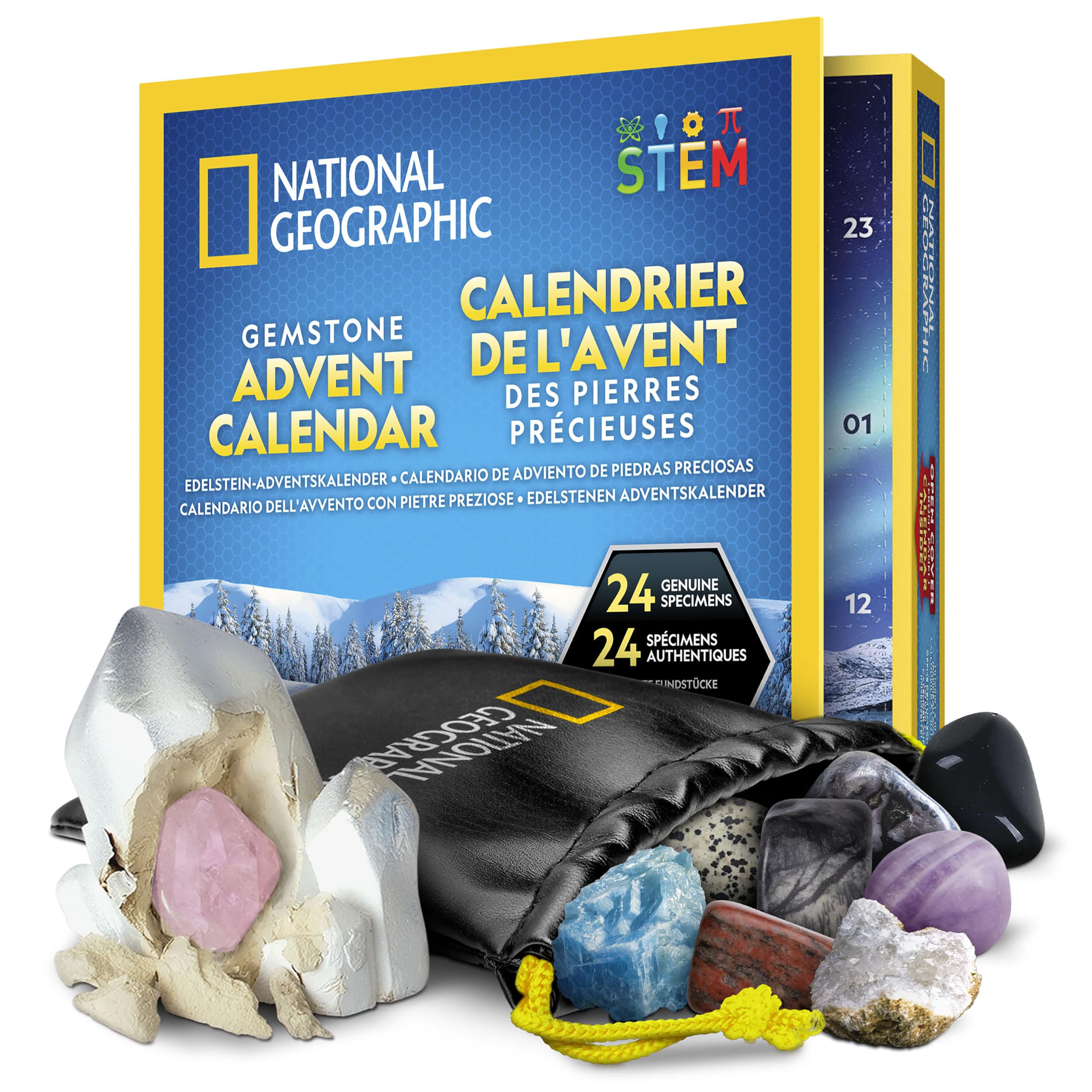 NATIONAL GEOGRAPHIC 2025 Calendario de Adviento de Gemas - Calendario para Niños con 24 Gemas para Abrir Cada Día, Colección de Rocas, Cuenta Atrás de Navidad con Mini Kit de Excavación de Gemas