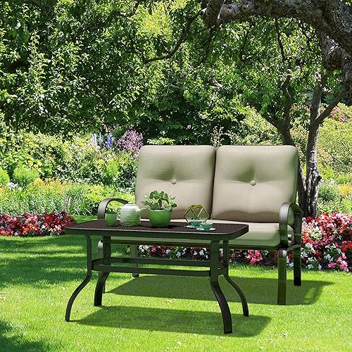 Miniatura 8 de Giantex Sofá biplaza de patio de 2 piezas con mesa auxiliar, banco al aire libre con cojín y marco de metal, sofá de dos plazas para jardín, patio