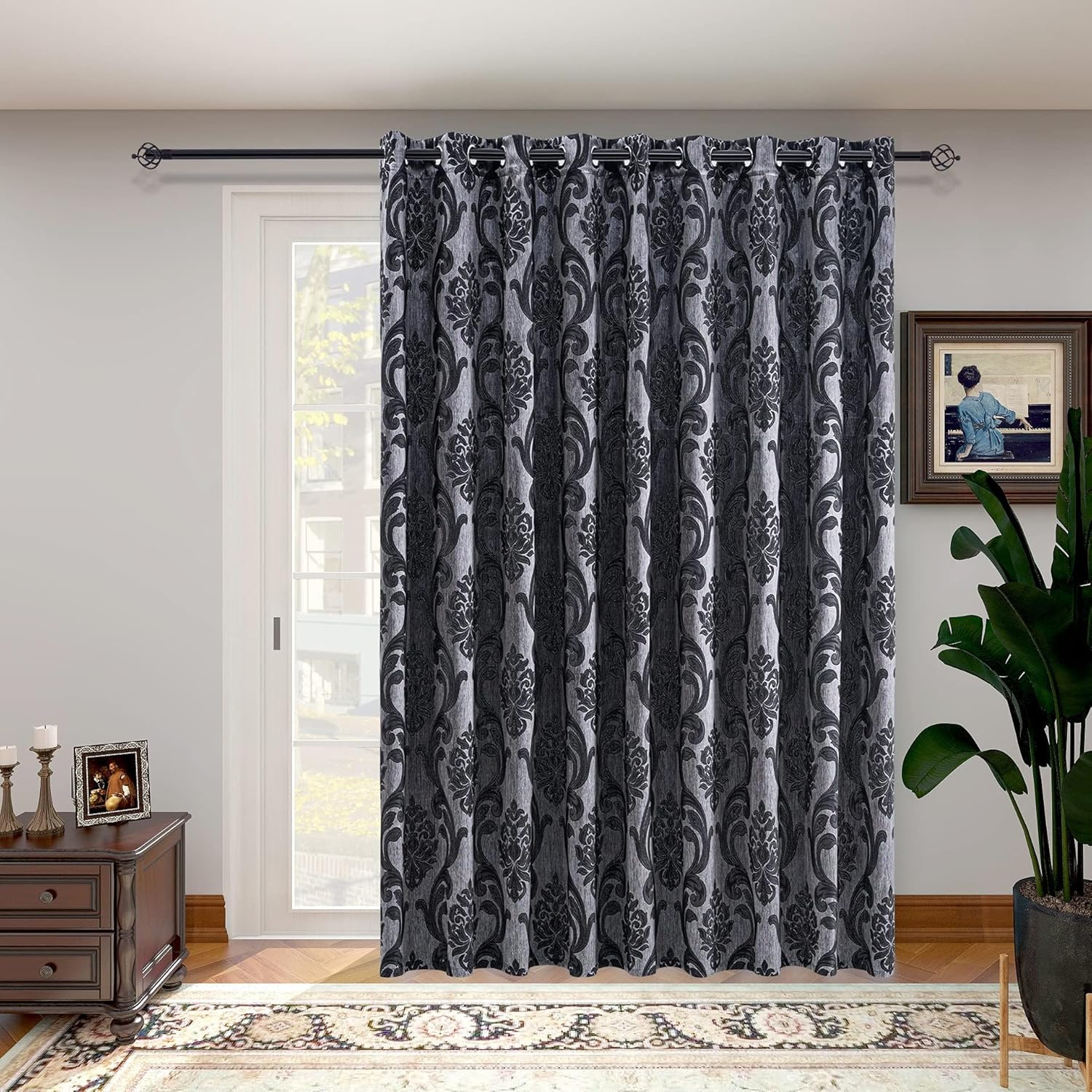 NAPEARL Sliding Door Curtains Gothic Style Patio Doors Curtains, Room Divider Curtain 1 Sliding Panel Black Grey Jacquard Vintage Floral Damask Pattern Window Drapes with Grommet Top Extra Wide