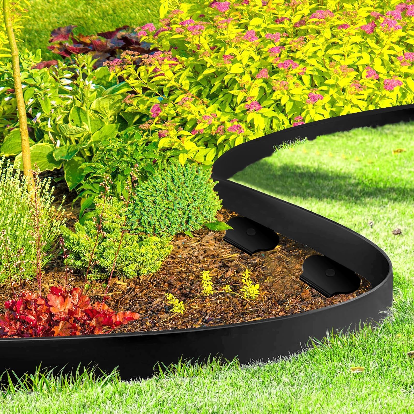 6 cm Höhe x 10 m Landschaftseinfassung mit 30 Verankerungsspießen, Gartenumrandungs-Set, Kunststoffeinfassung, Flexible Umrandung für Garten, Blumenbeete, Rasen, Hof, Pflasterstein(Schwarz, 10M)