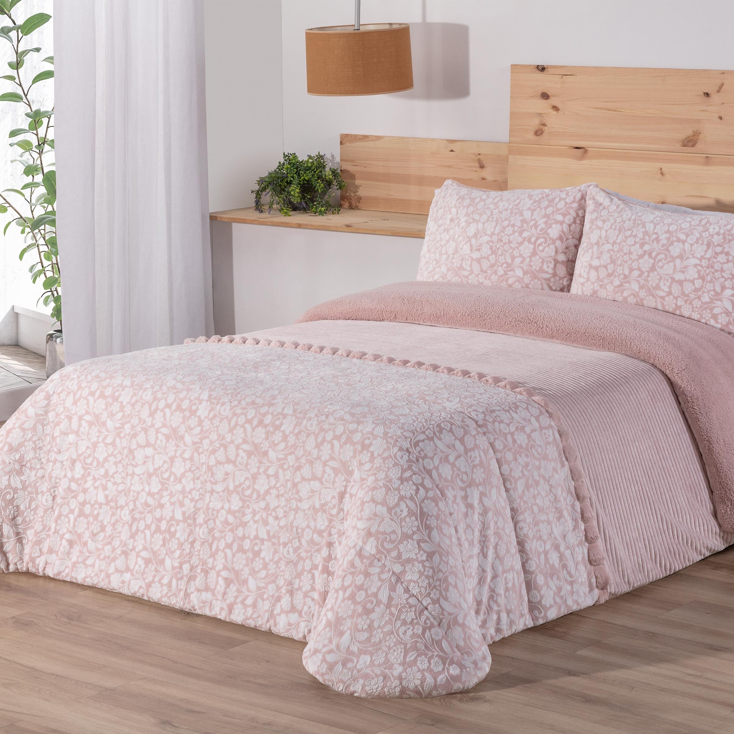 Edredón Sherpa Doko 067 Enredadera de MANTEROL con Tejido Térmico de Borreguito + 2 Fundas de Cojín de 50x70cm (Cama 135/140cm)