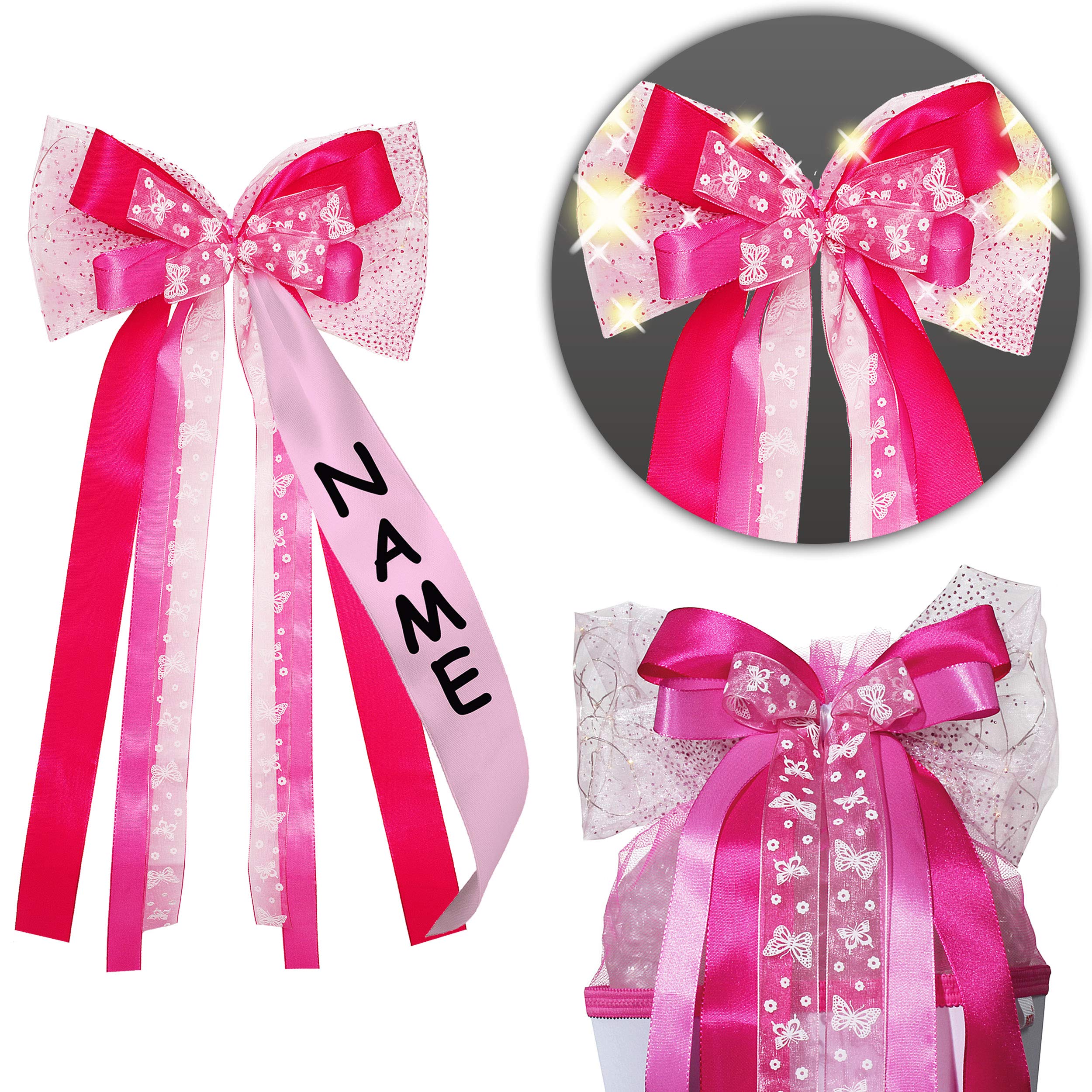 Große 3D-Schleife Mit Personalisiertem Namen – 23 Cm Durchmesser, 50 Cm Länge | Rosa, Pink & Creme – Für Schultüten & Geschenkverpackungen