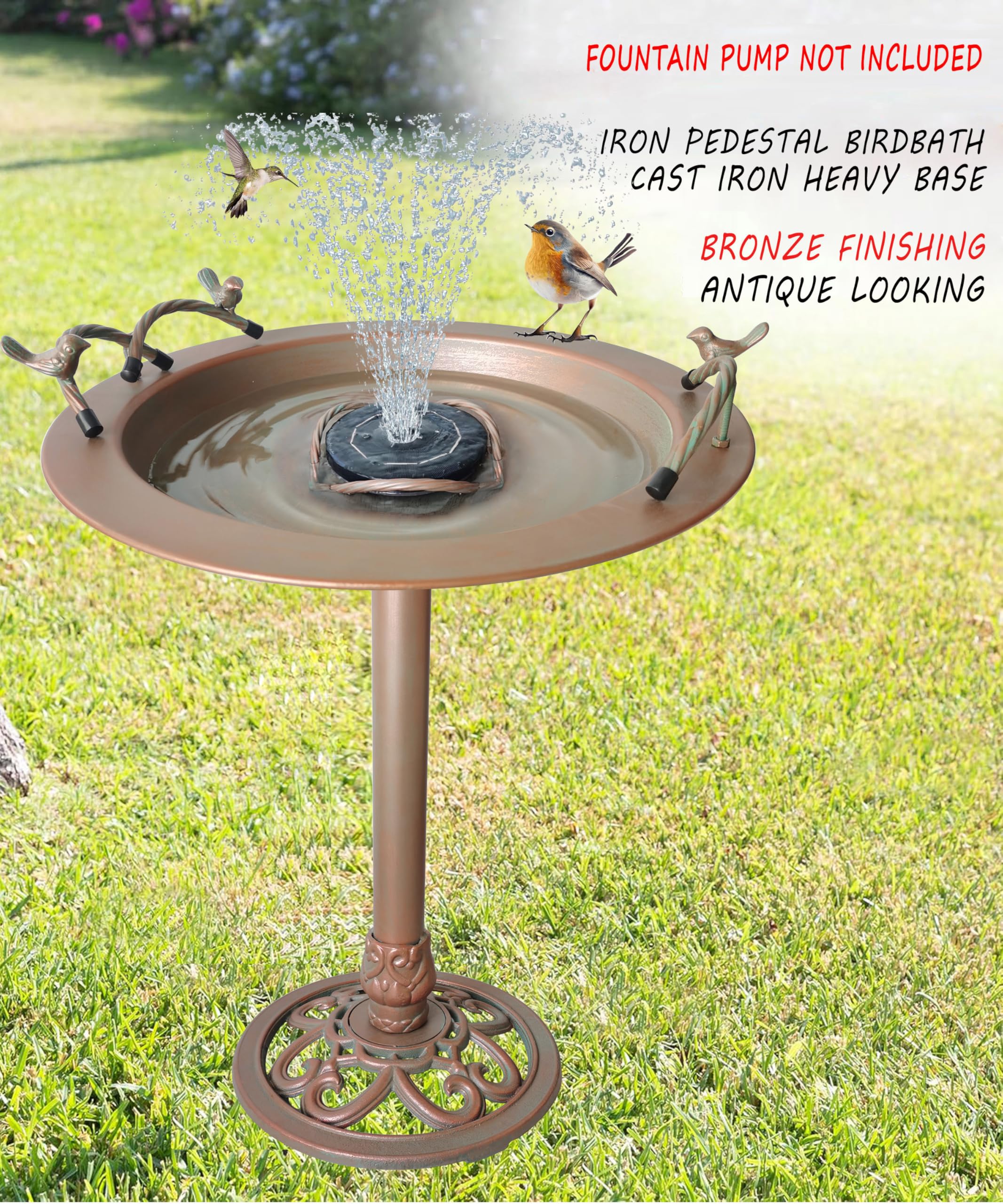 BSTGIFTS Vogeltränke aus Metall – Gusseisen-Vogeltränke 72,4 cm hoch, Vogeltränke für Wasserbrunnen, Vogelfutterschale für Hof, Terrasse, Rasen-Dekor (Brunnenpumpe nicht im Lieferumfang enthalten)