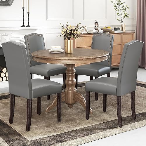 Miniatura 16 de LSSBOUGHT Juego de 2 sillas de comedor de poliuretano tapizadas Parsons con clavos de cobre y patas de madera maciza para comedor, restaurante