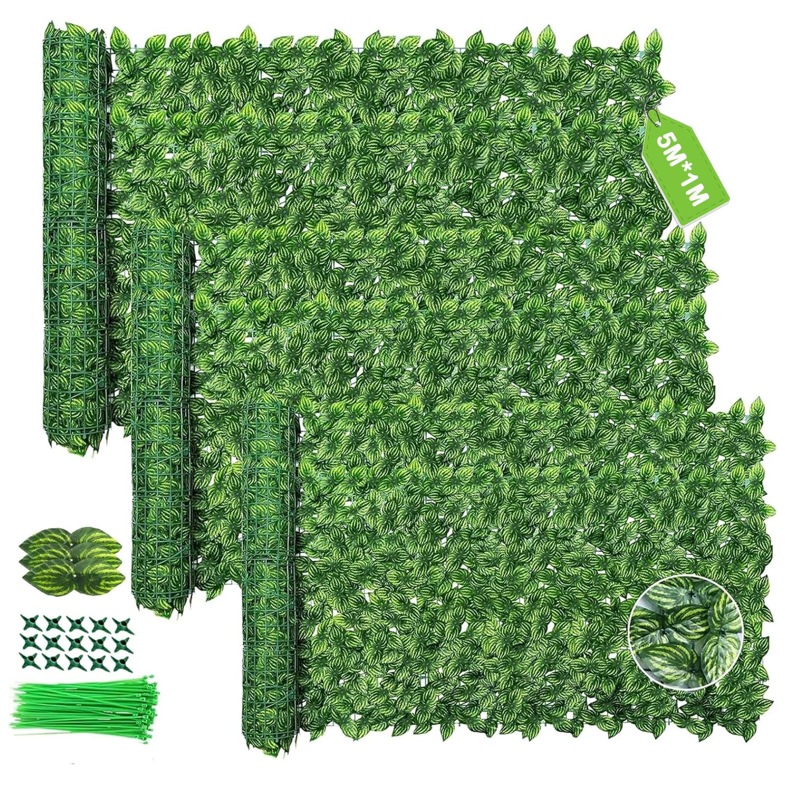 3PCS Artificial Ivy Fence Screening, 5M X 1M Garden Screening with 600pcs Zip Ties,Garden Screening Roll,Ivy Trellis Screening,Artificial Leaf Trellis,Foliage Wall Panel,UV Resistant