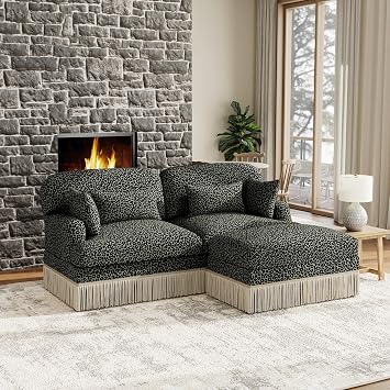 69 Modular Sectional Couch, Cloud Deep Seat Sofa, Chenille Leopard Print Couch with Tassel for Living Room L-Shaped, Green