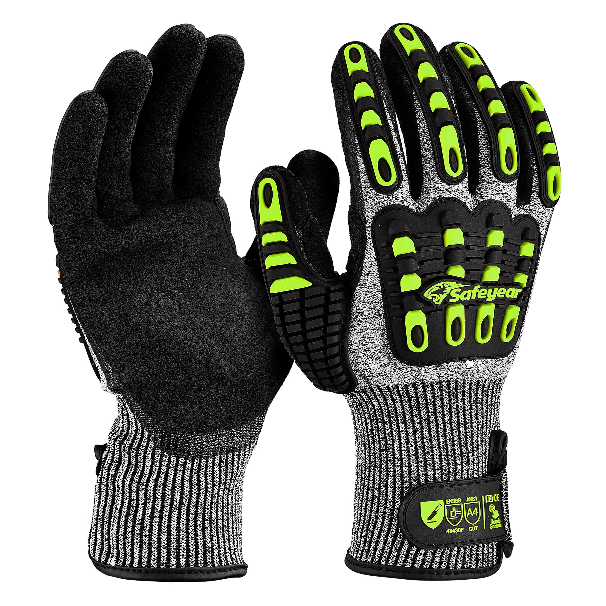 SAFEYEAR Level 5 Cut Resistant Gloves, Nitrile Sand Coated with TPR Impact Protection