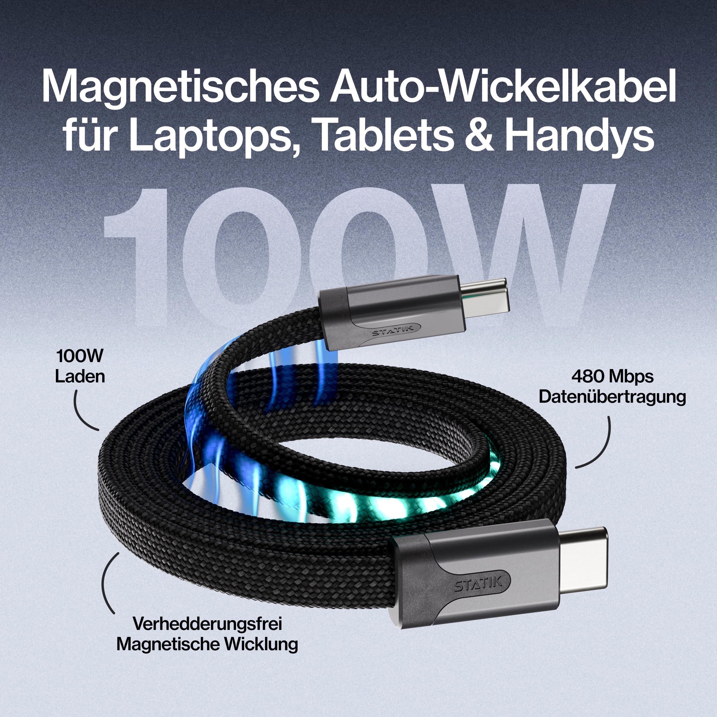 Statik MagStack Pro USB-C auf USB-C Kabel 3er-Pack, magnetisches Anti-Verhedderungs Flachkabel, Schnelllade-Ladekabel, kompatibel mit iPhone 16 Pro Max, iPhone 15, Galaxy S24 Ultra, 100W, je 1 m