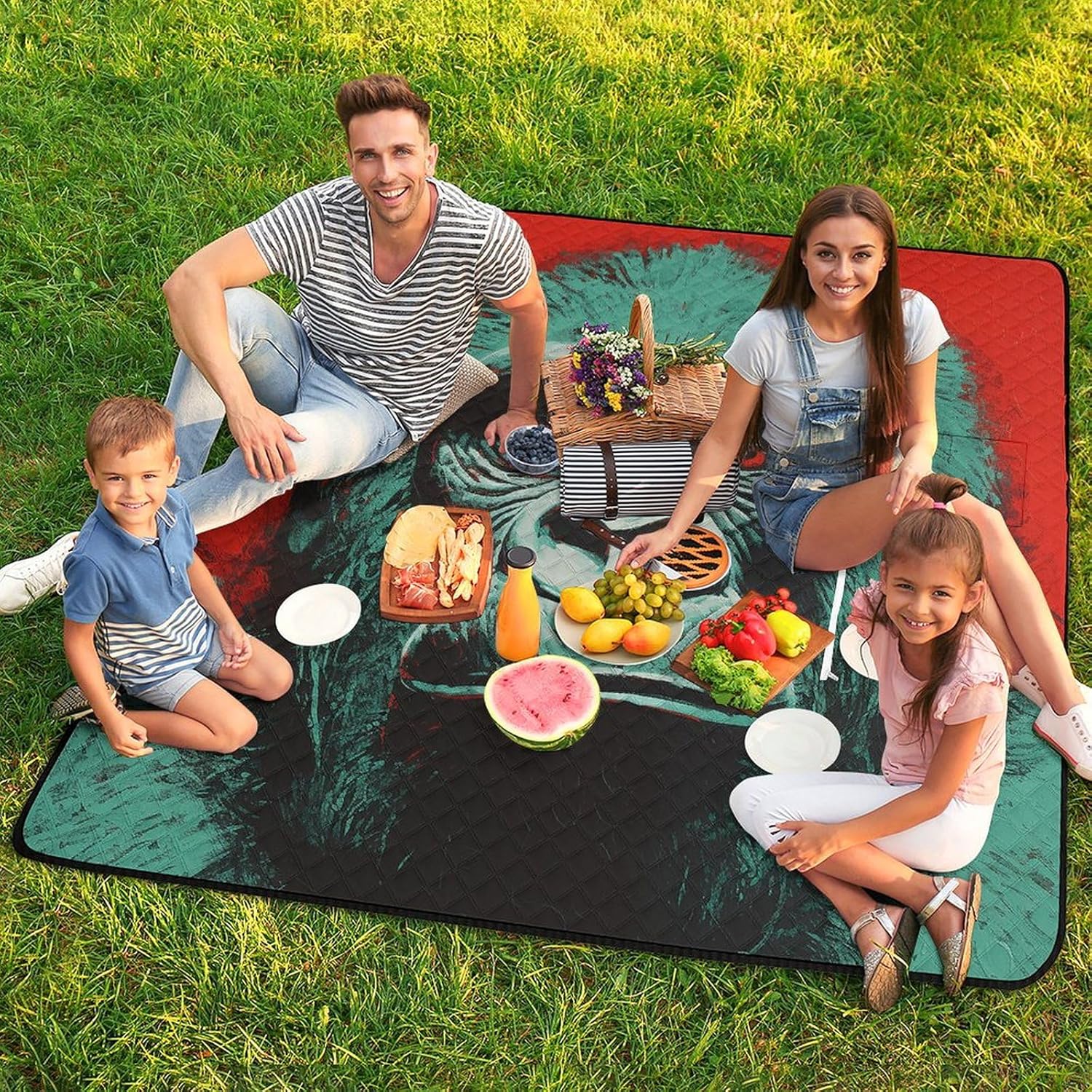 Picnic Blankets,Big Green Orangutan Printed Picnic Blankets Waterproof Foldable,Large Picnic Blanket,Handy Mat Tote with Zipper Pocket for Camping on Grass