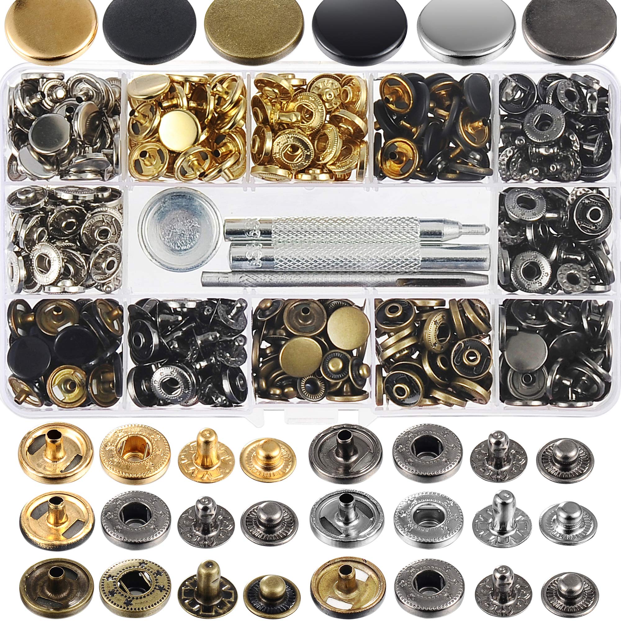 YORANYO 120 Sets 12.5MM Mixed Color Snap Fastners Kit Metal Button Snaps Press Studs with Tool 6 Color Leather Snap Fastners for Clothing Jackets Jean Wears Belts Bag Bracelets Leather Craft