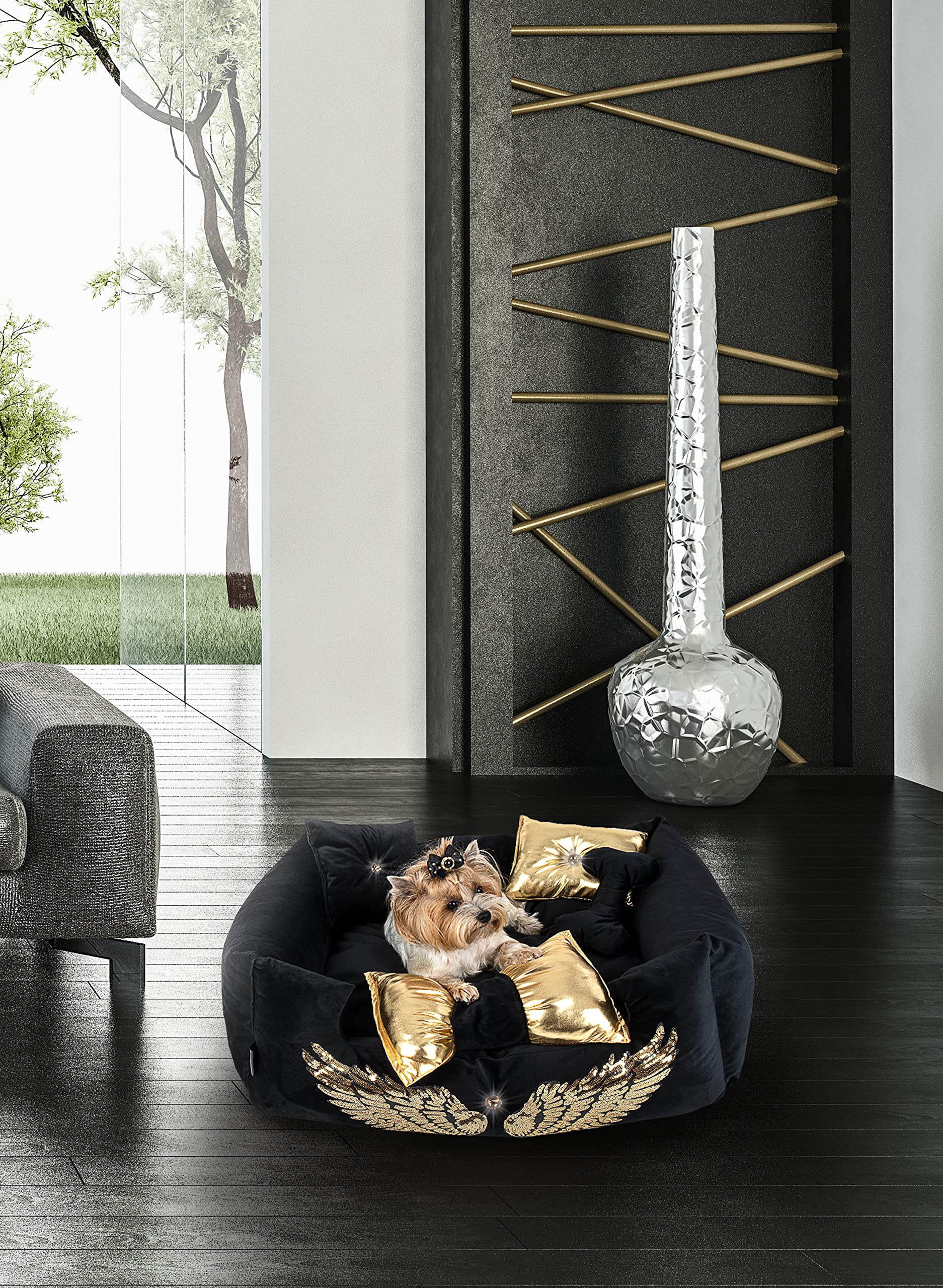 NELKE Lit pour chien, style glamour, canapé pour chien, noir avec ailes dorées, canapé de luxe pour chiens de petite et moyenne taille, coussin lavable