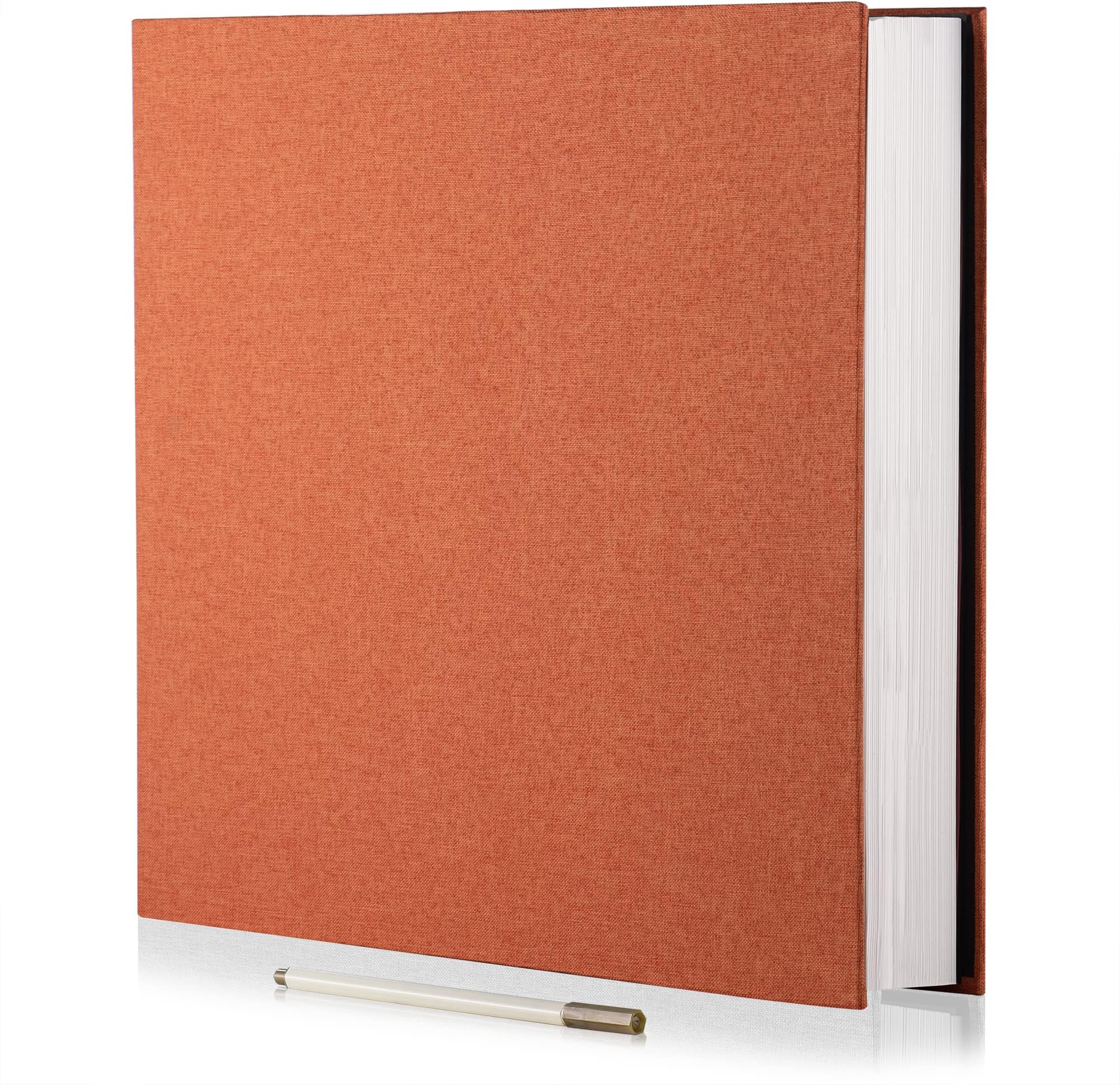 Large Photo Album Self Adhesive 4x6 5x7 6x8 8x10 Pictures Scrapbook Magnetic Album DIY Scrap Book 60 Sticky Pages Linen Cover DIY Photo Album with A Metallic Pen and DIY Accessories(Orange)