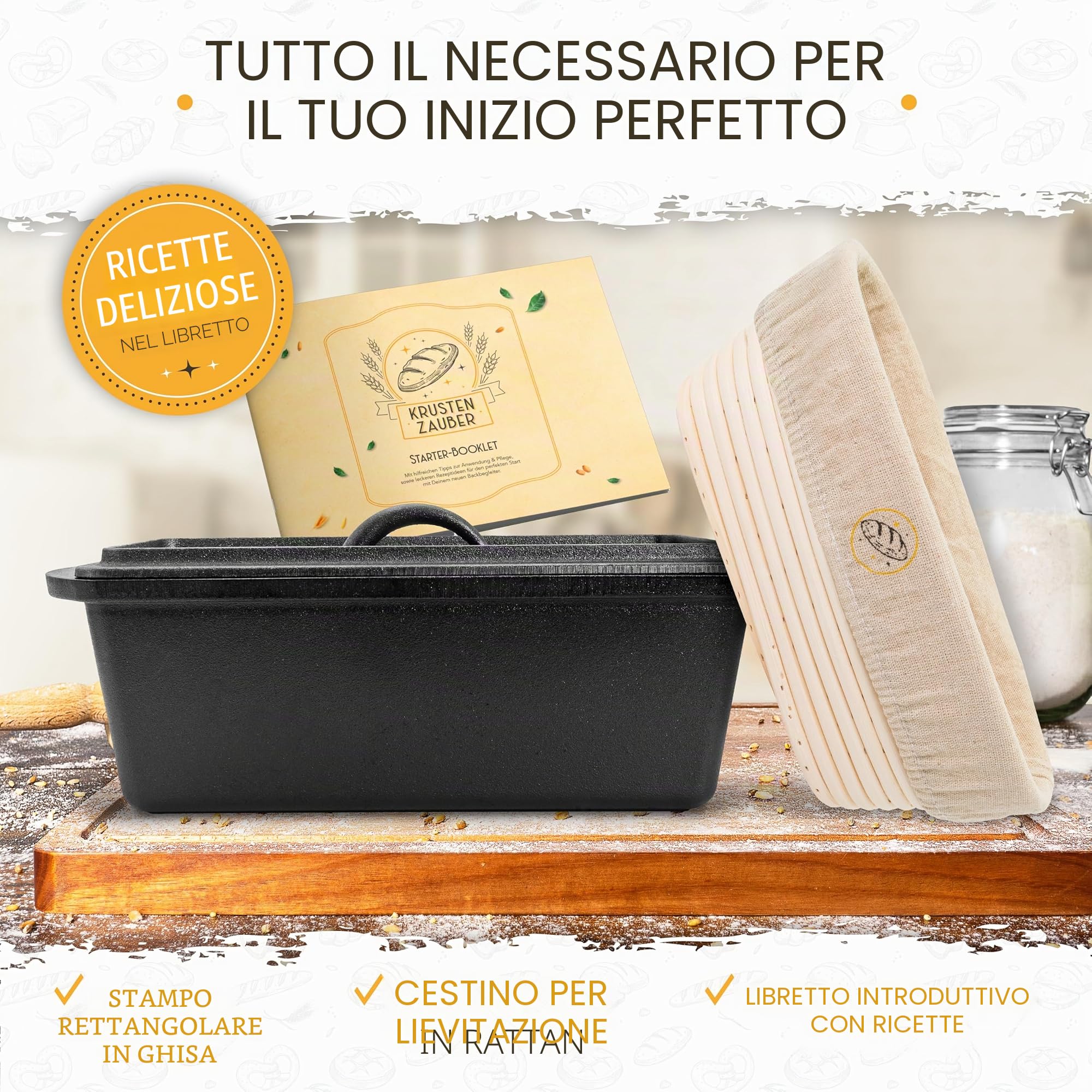 KRUSTENZAUBER Stampo per pane con coperchio incluso cestello per lievitazione - Robusta teglia da 28 cm in ghisa - Ideale come stampo per casse, stampo per pane tostato, forma per pane, accessorio per