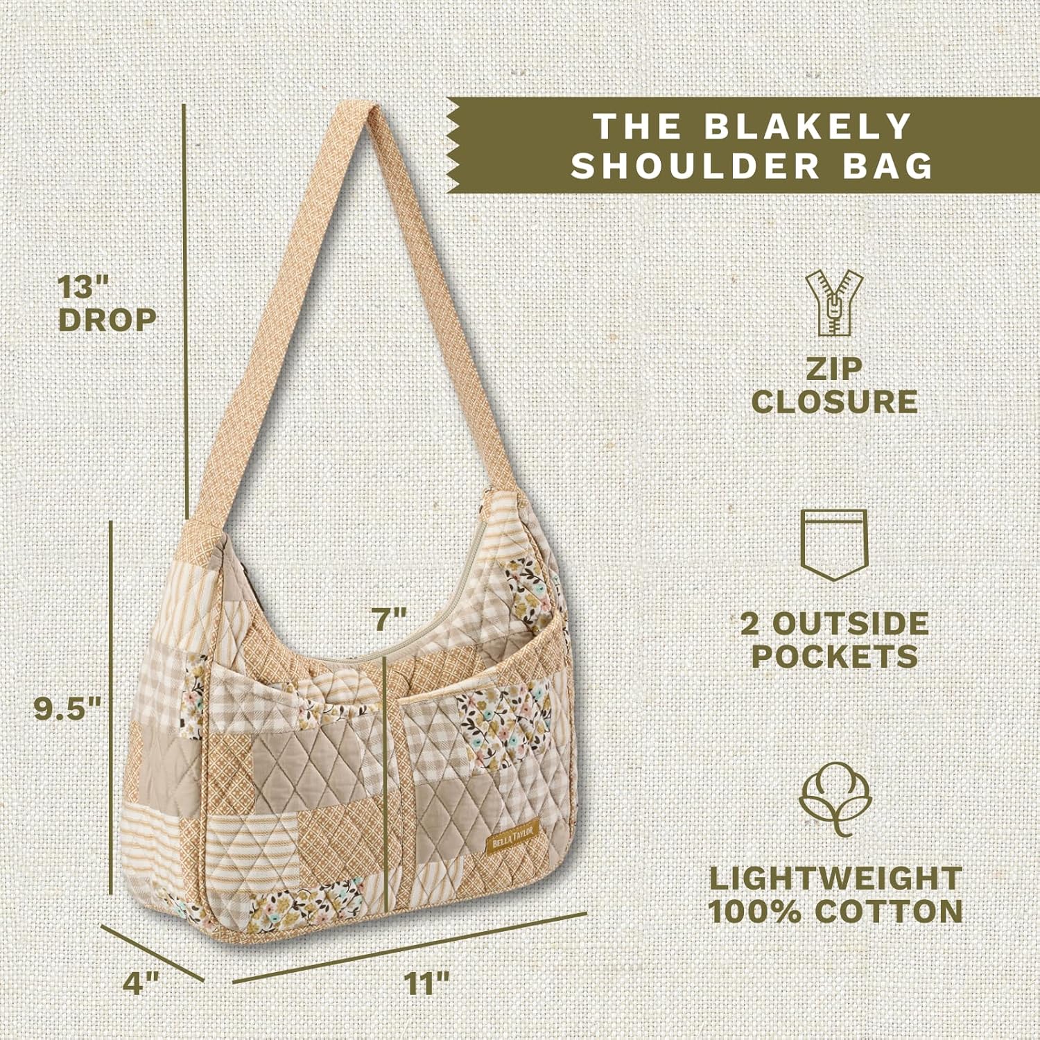 Bella Taylor Blakely - Hobo Shoulder Bag for Women - Lightweight Quilted Fabric Purse with Pockets