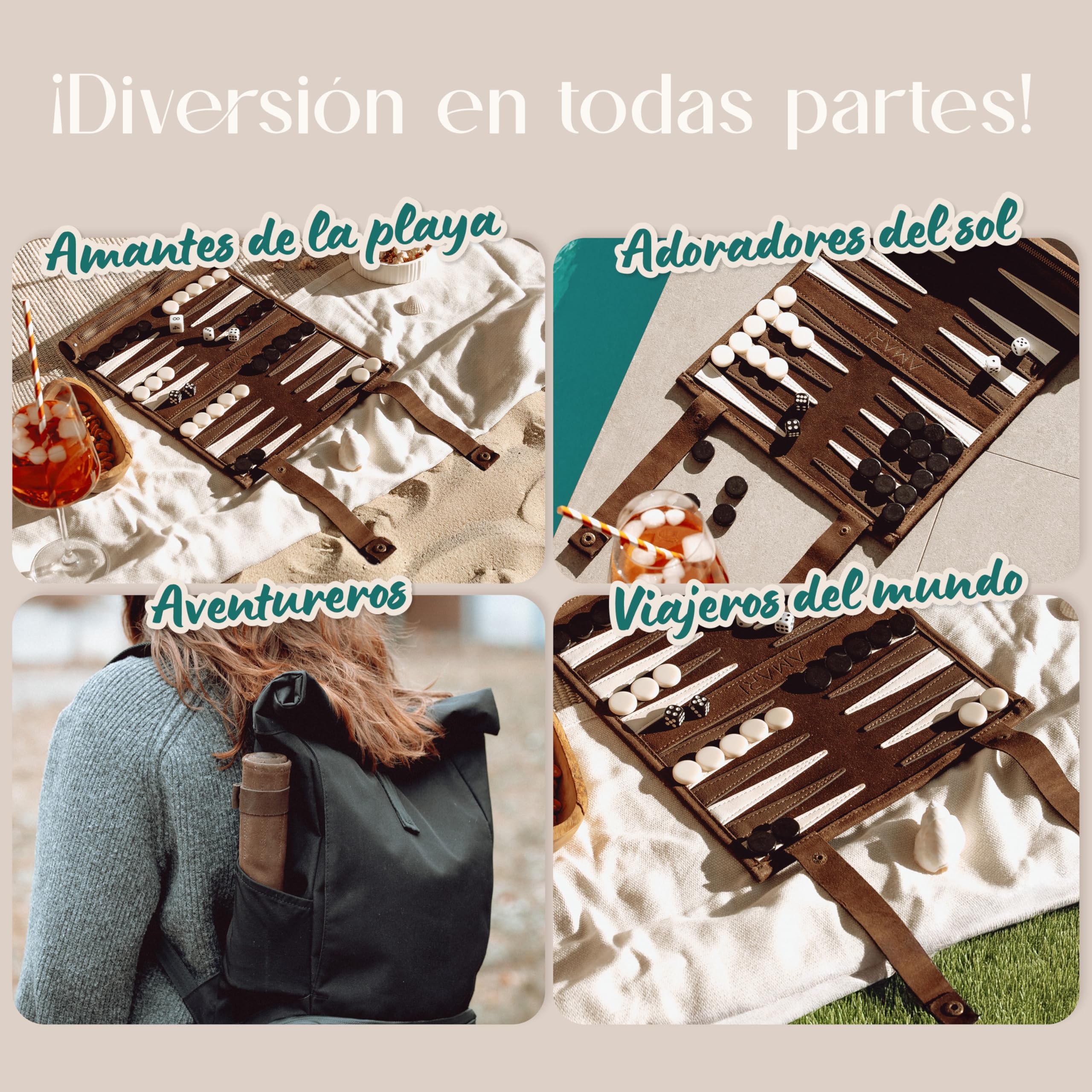Amari ® Backgammon - Backgammon de viaje para viajes y viajes – Back Gammon, juego de maletas de backgammon de viaje de piel