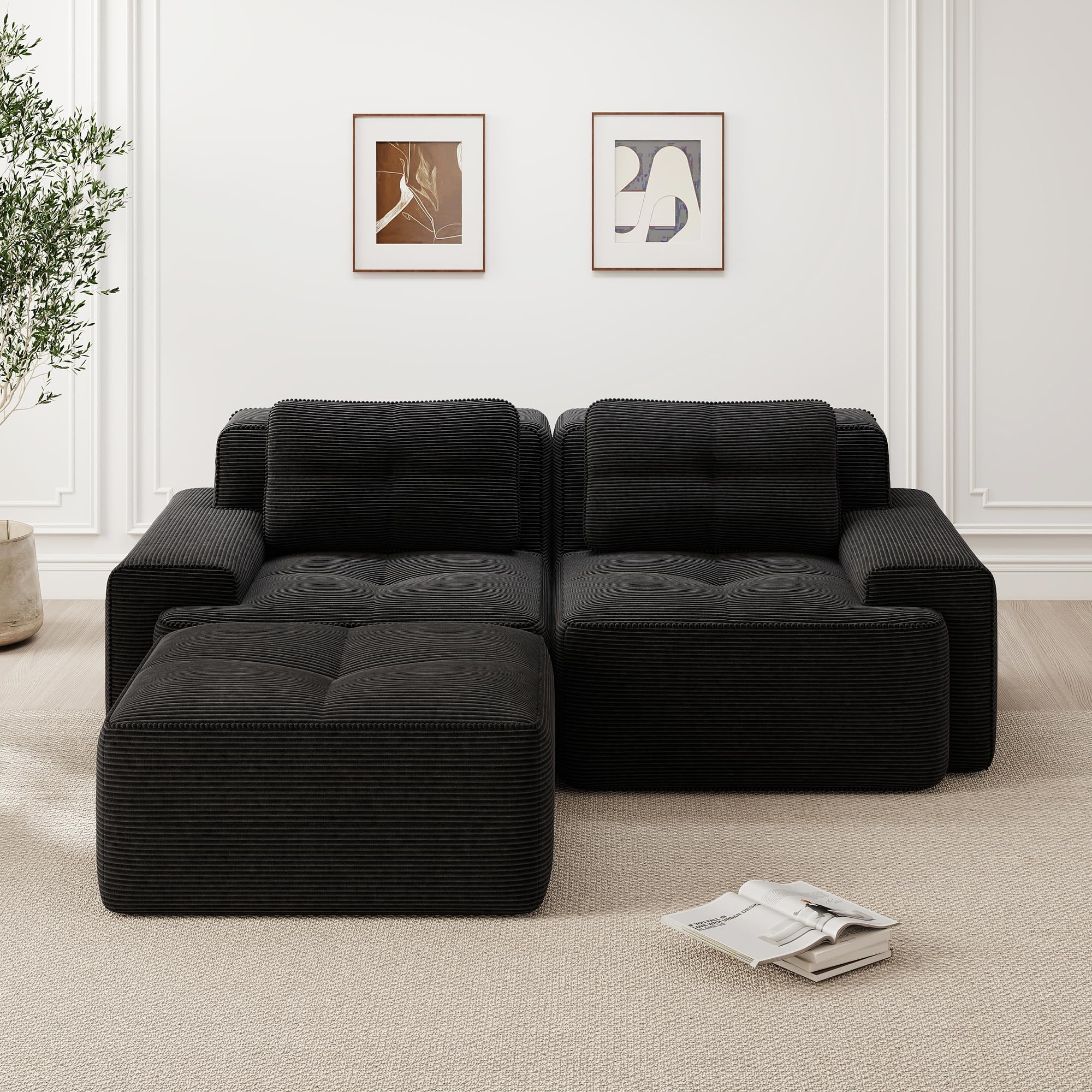 Divano modulare nero Boneless, moderno divano modulare a L per soggiorno, comodo divano in corduroy cloud con ottomano, divano letto a due posti trapuntato