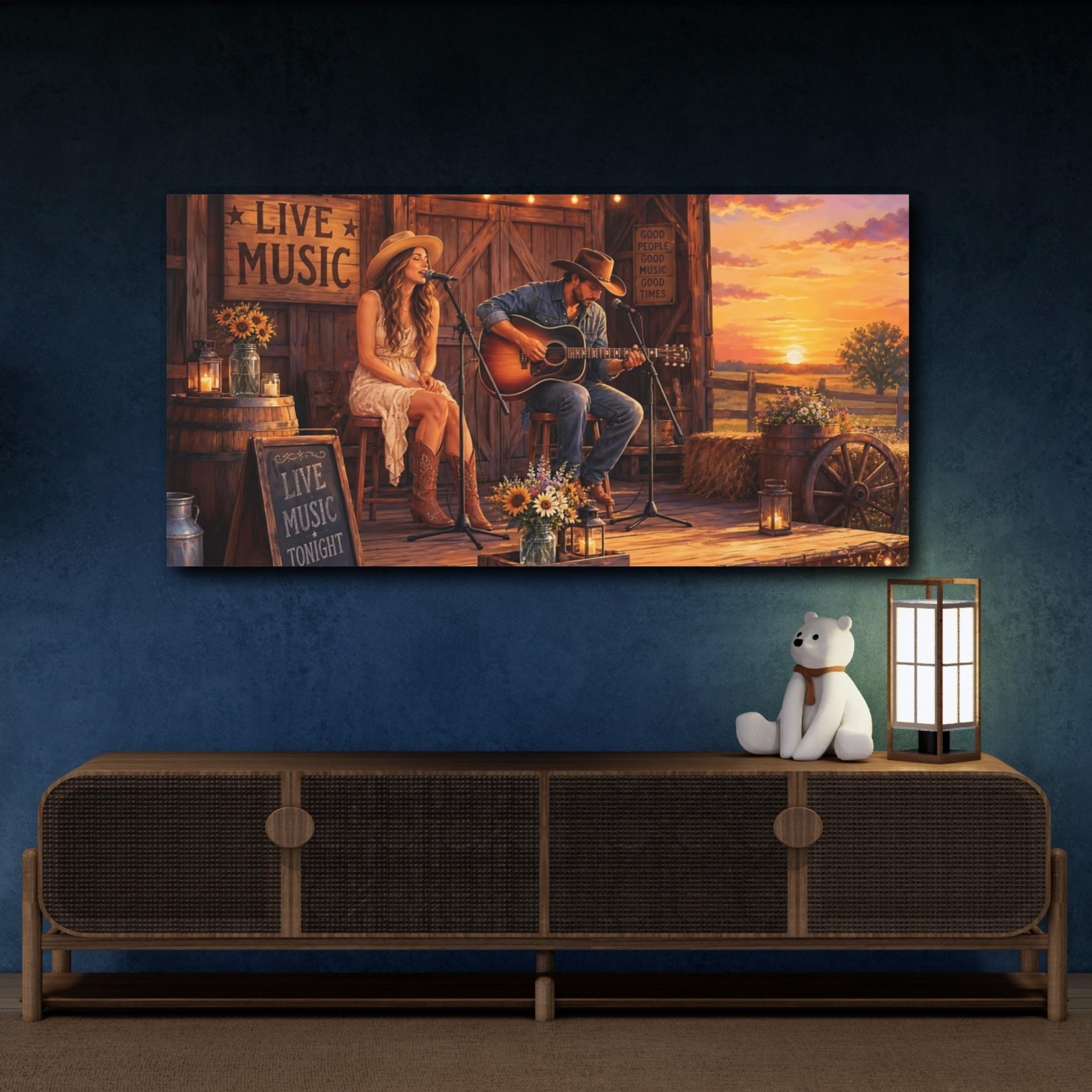 Vintage Live Music Country Sunset Canvas Print – Living Room, Above Console Table, Warm Tones 30×15 inch (75×37 cm) - Horizontal / 1.25 inch (3 cm)