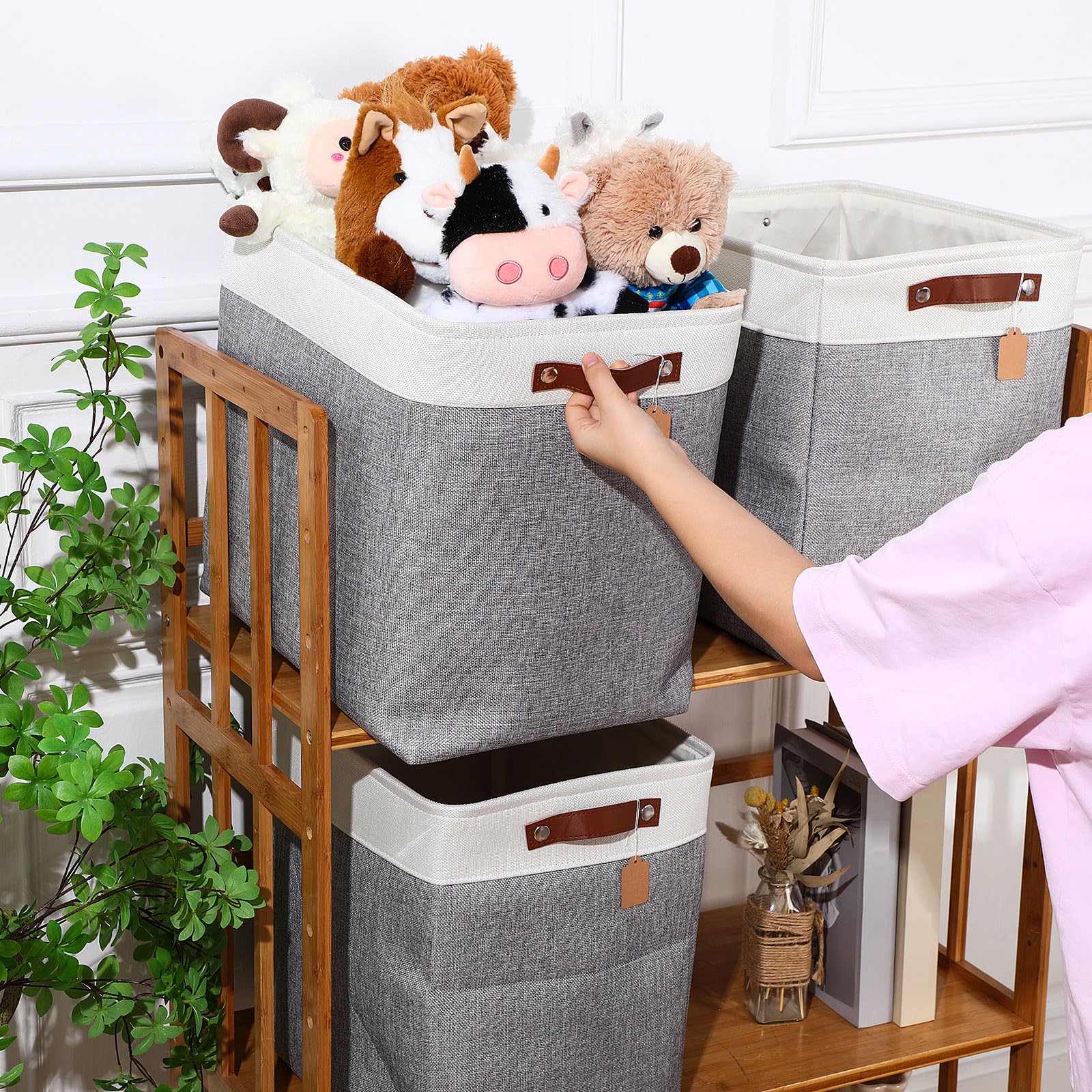 Uiifan Faltbare Aufbewahrungskörbe aus Stoff, faltbar, mit Griffen, Stoffkorb, Organizer, Leinen-Regalkörbe für Regale, Zuhause, Schrank, Kinderzimmer, Spielzeug (grau und weiß, 43,2 x 38,1 x 30,5 cm)