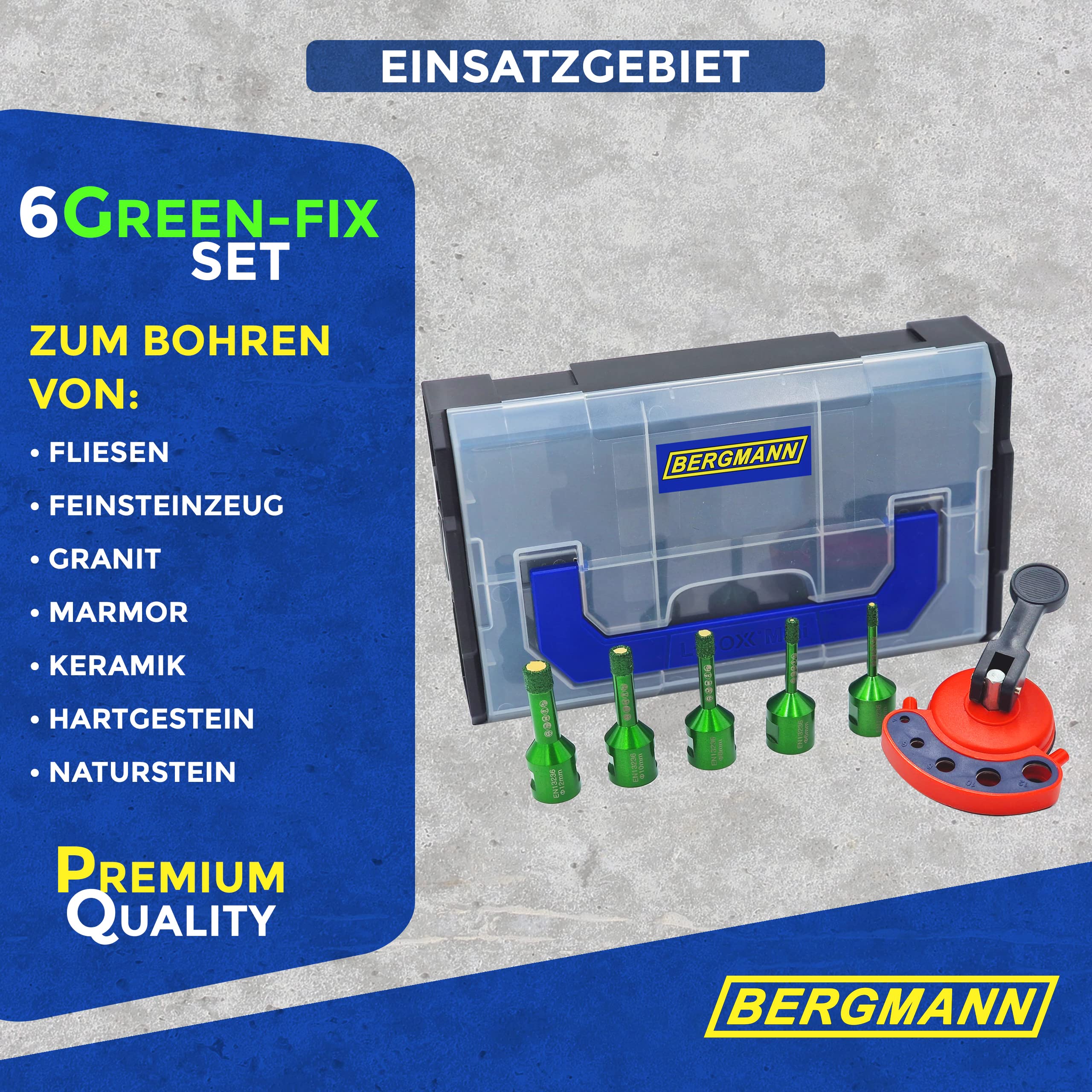 BERGMANN ® Juego de brocas para azulejos M14, 6 piezas, L-Boxx con ayuda para taladrar | Juego de brocas para azulejos de diamante | con cera fría para taladrar en azulejos, cerámica, gres porcelánico