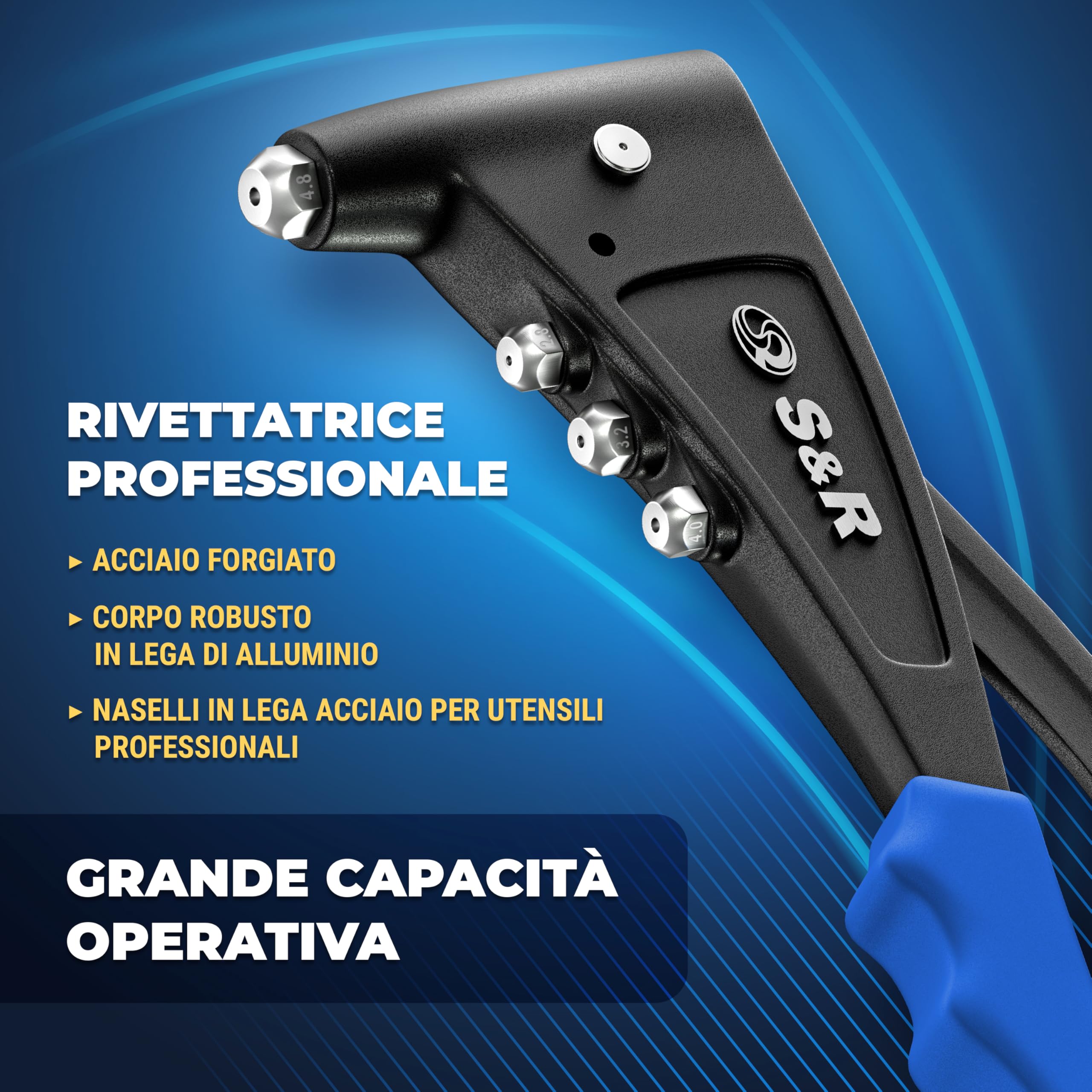 S&R Rivettatrice Manuale Professionale con 470 Rivetti. Pinza Professionale per Rivetti in Alluminio e Acciaio Inox per Fori Ciechi, Tenaglia per Rivetti a Strappo con 4 dadi, 1 Chiavetta, 1 Box.