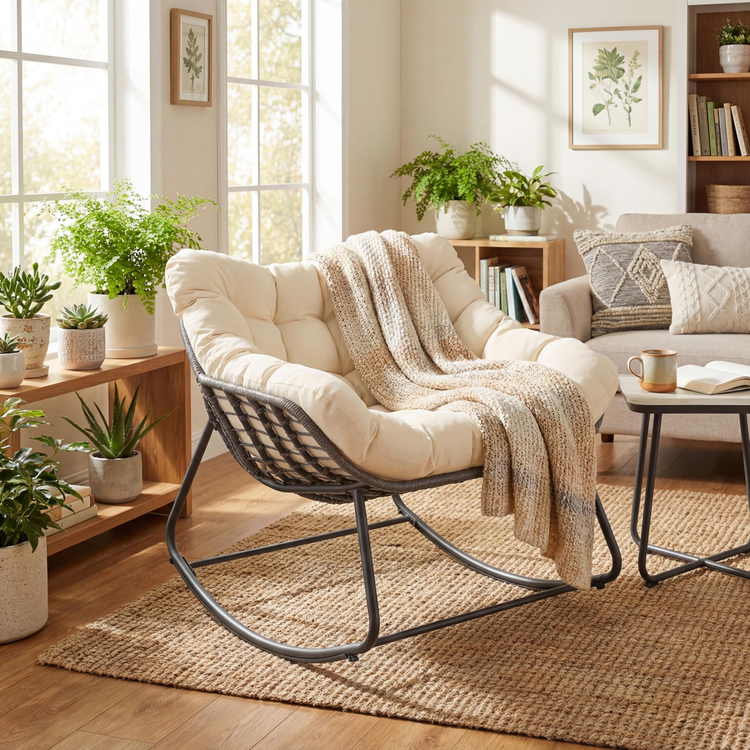 SOARS Fauteuil à Bascule de Jardin, Chaise à Bascule Papasan en Rotin avec Coussin Rembourré et Amovible, Cadre en Métal, Charge 150 KG, pour Intérieur et Extérieur, Salon Balcon Terrasse, Beige