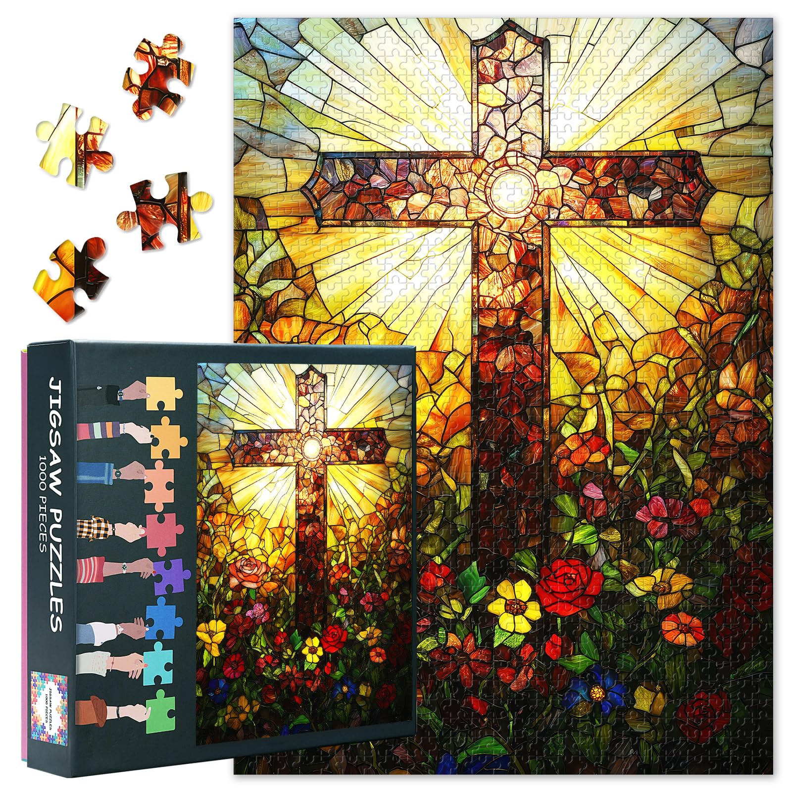 1000 Piece Stained Glass Christian Cross Jigsaw Puzzle for Adults Artwork Vibrant Floral Religious Theme Challenge Spiritual Zen & Mindful Meditation Decor 27.5"X19.7"