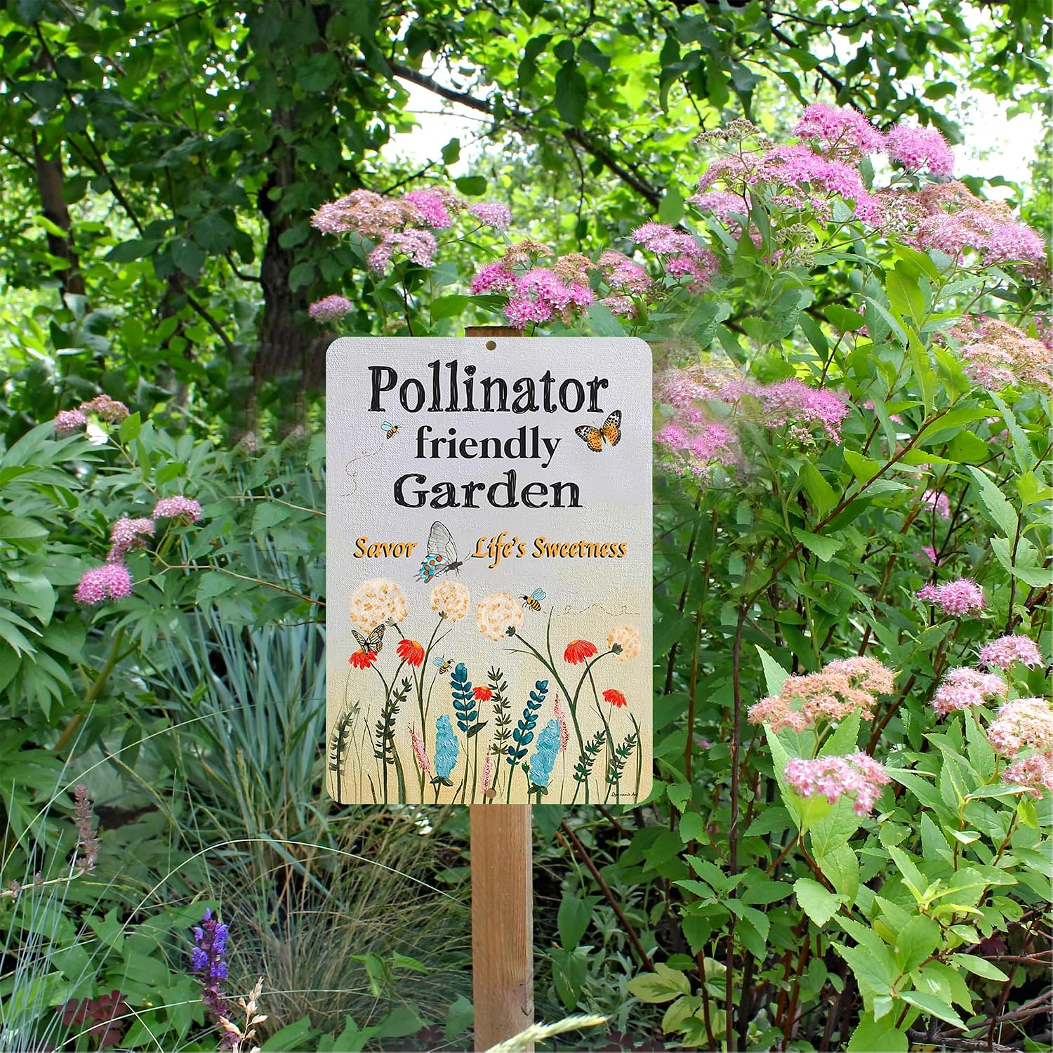 Pollinator Friendly Garden Sign - Savor Life's Sweetness - Bee and Butterfly Design - Weatherproof Aluminum Yard Decor for Flower Beds, Planters, and Outdoor Spaces (12x18)