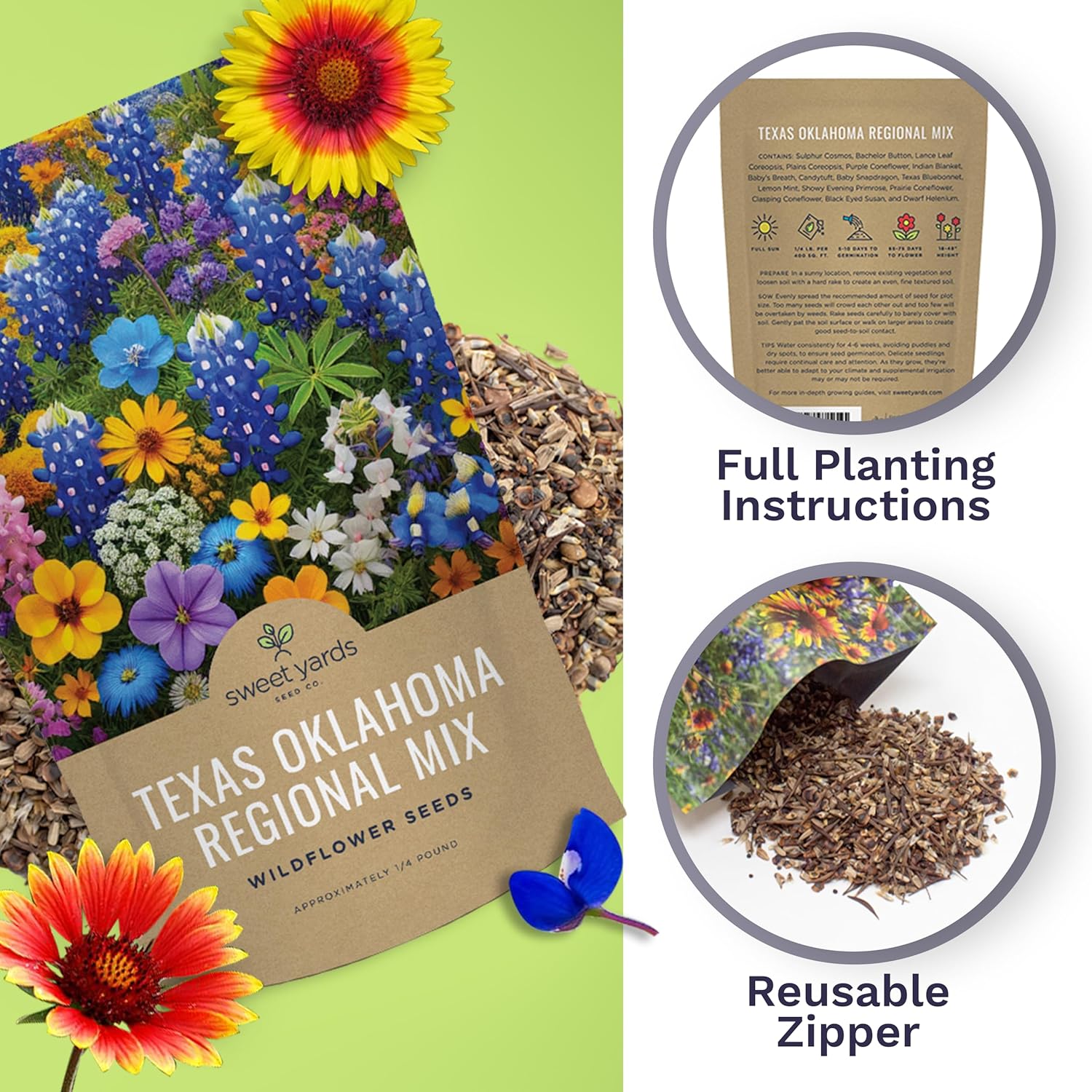 Texas Oklahoma Wildflower Seeds Mixture - Bulk 1/4 Pound Bag - Over 60,000 Native Seeds - Open Pollinated and Non GMO